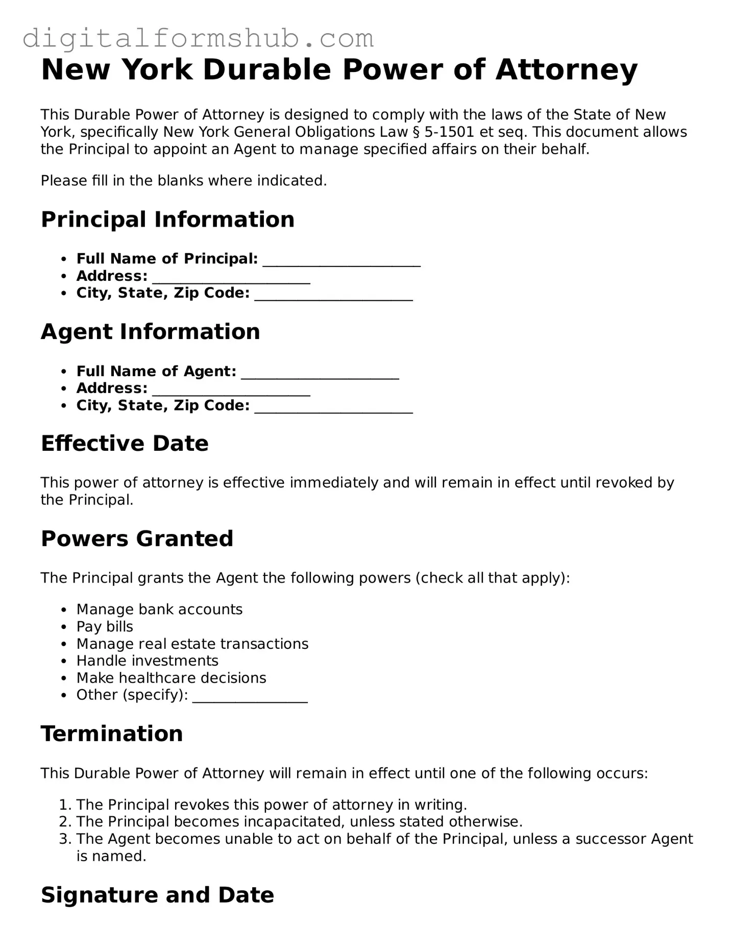 Official Durable Power of Attorney Template for the State of New York