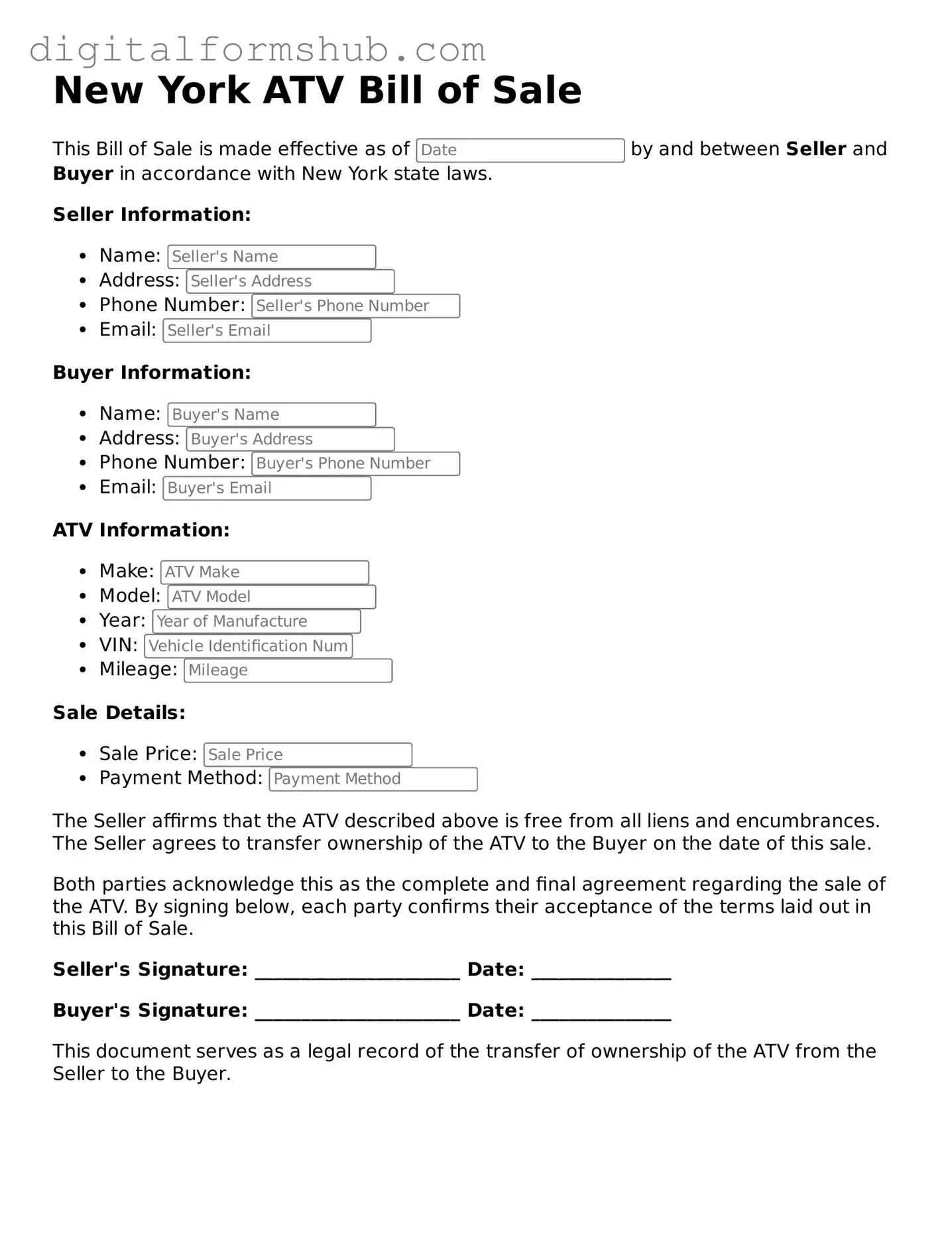 Official ATV Bill of Sale Template for the State of New York