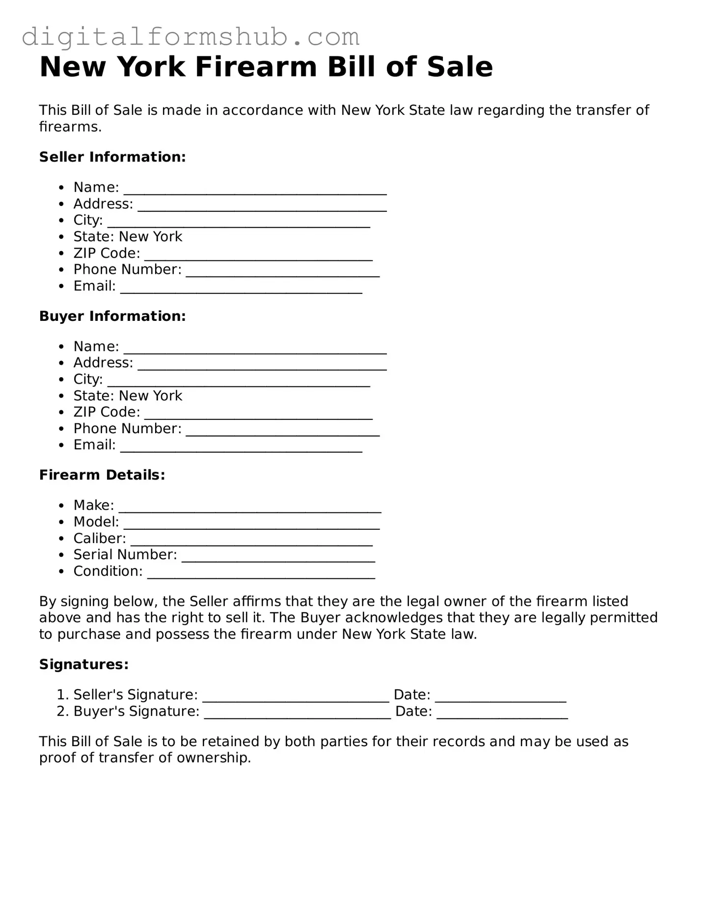 Official Firearm Bill of Sale Template for the State of New York