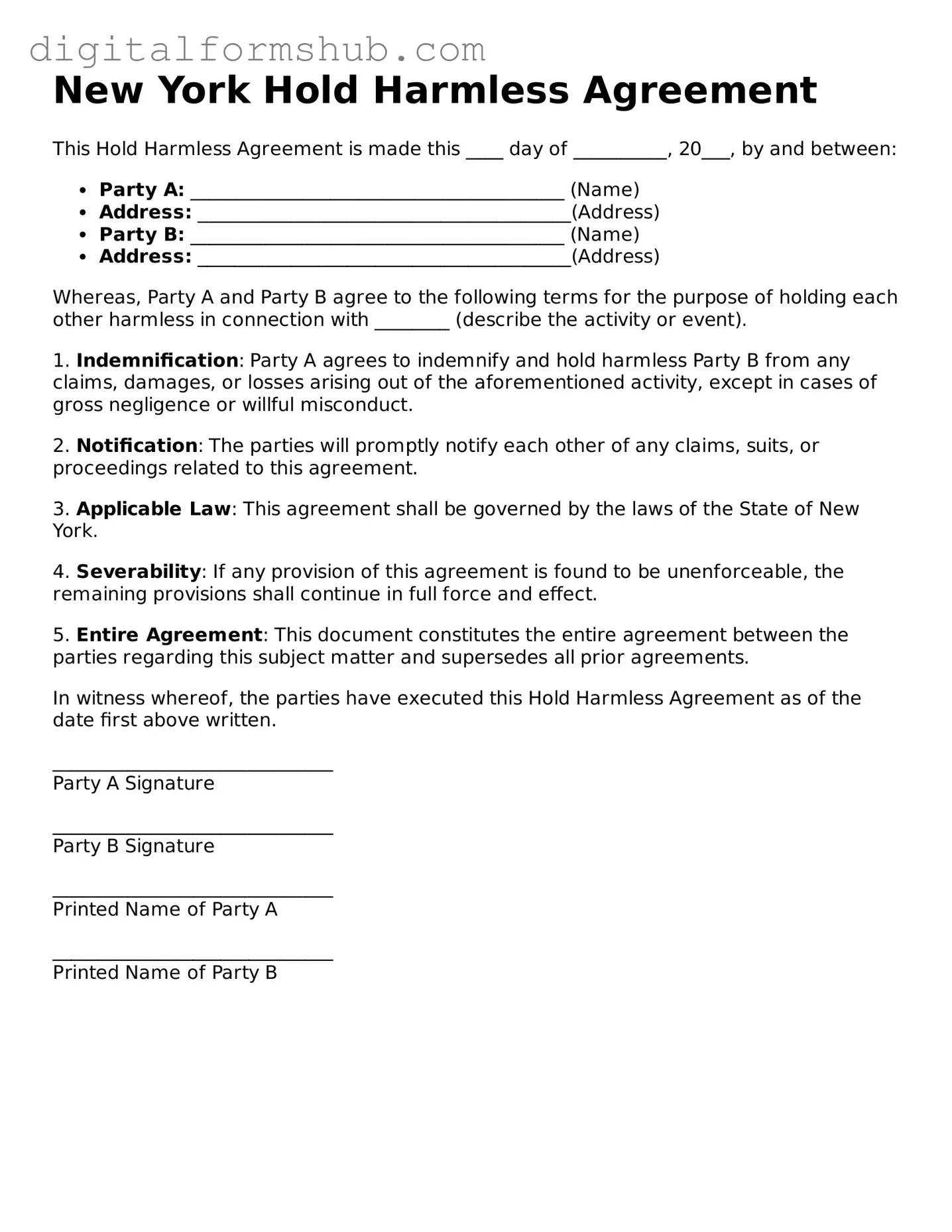 Official Hold Harmless Agreement Template for the State of New York