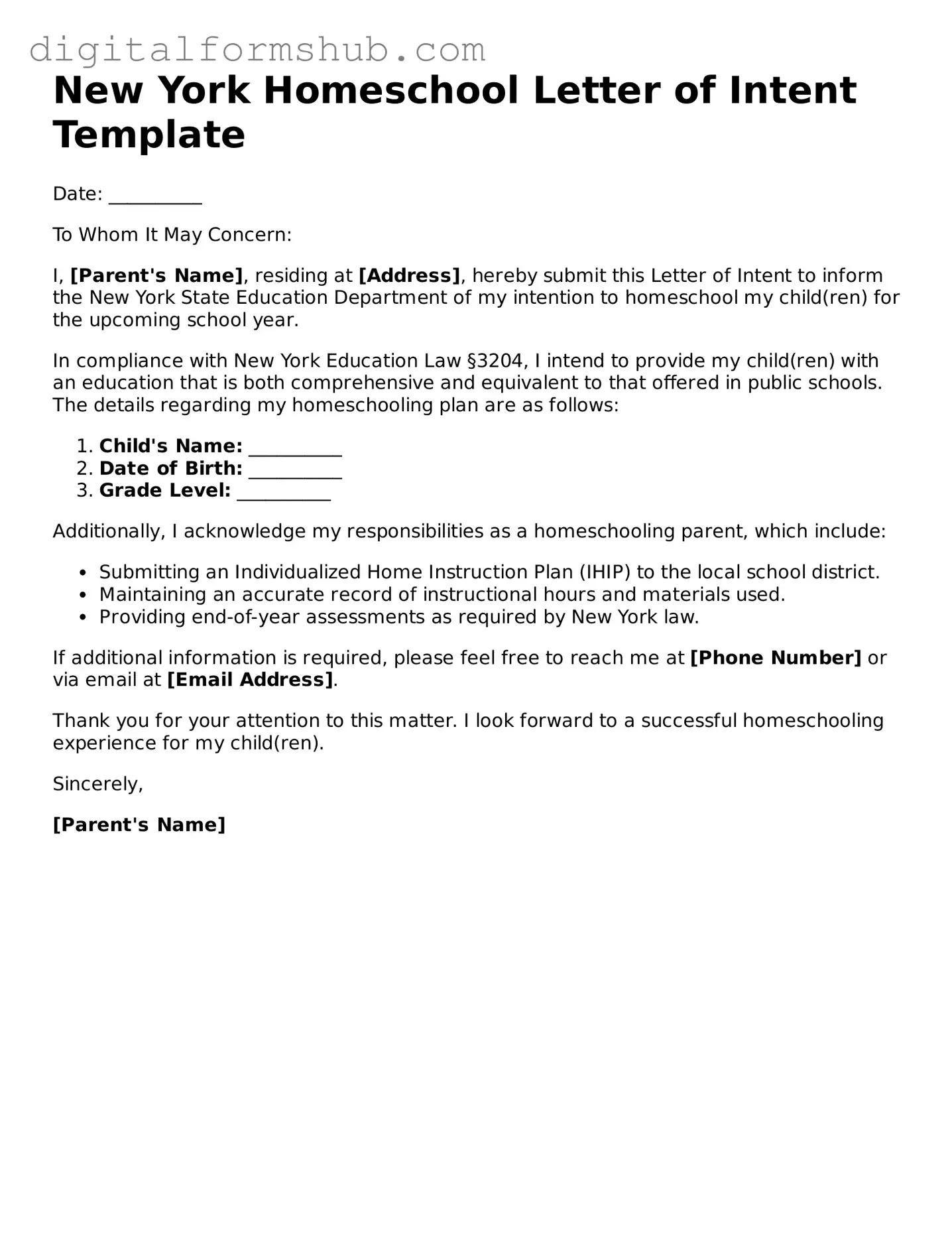 Official Homeschool Letter of Intent Template for the State of New York