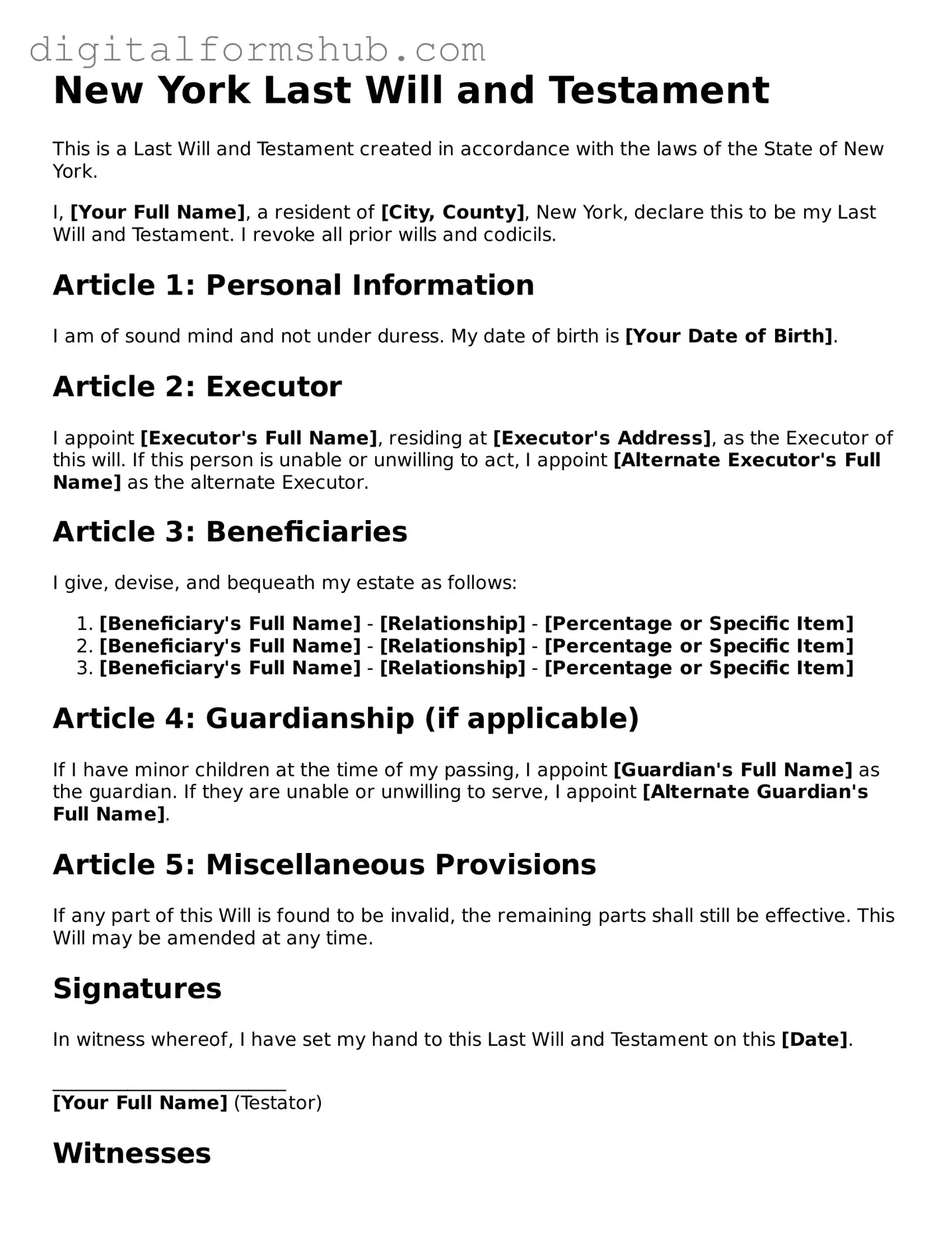Official Last Will and Testament Template for the State of New York