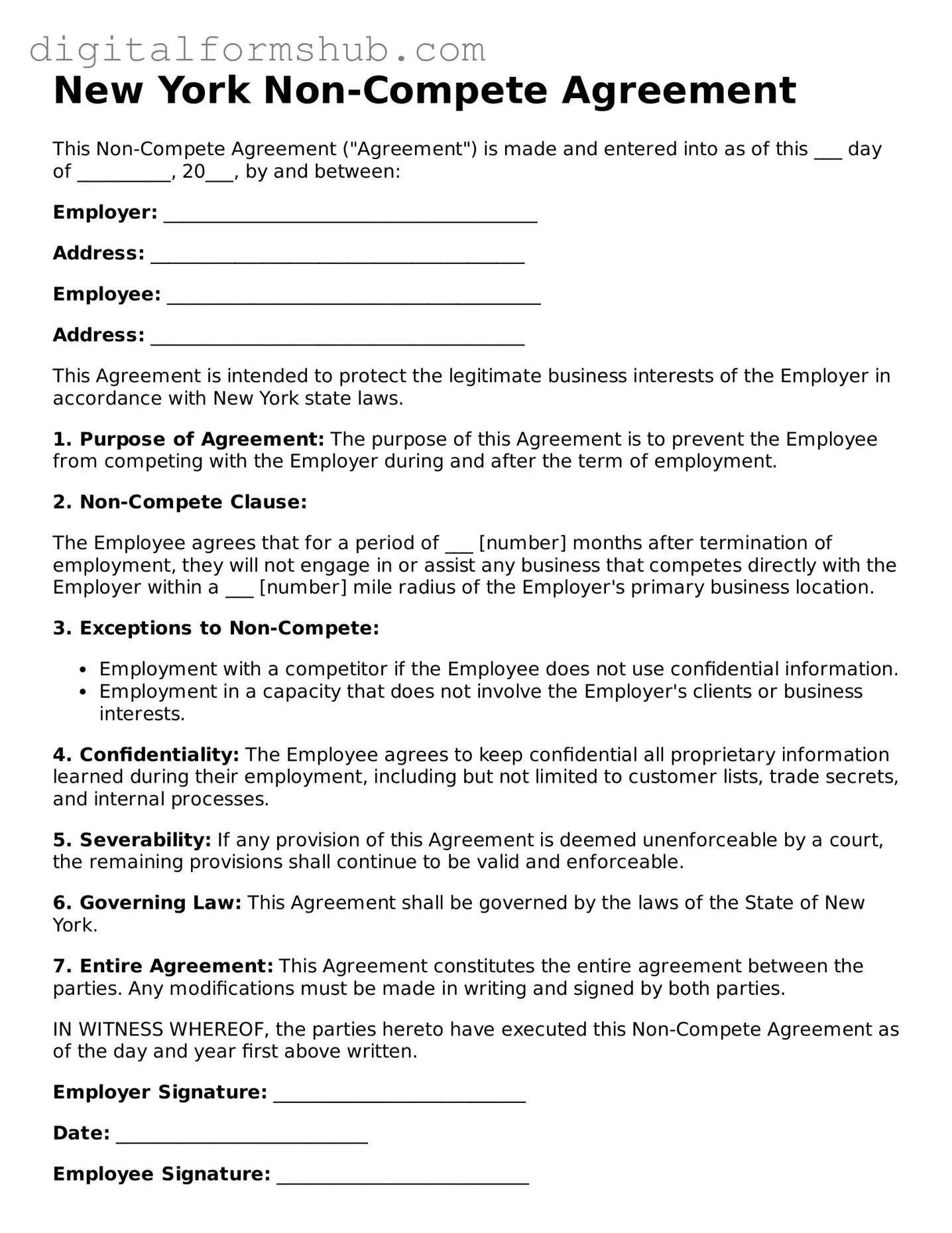Official Non-compete Agreement Template for the State of New York