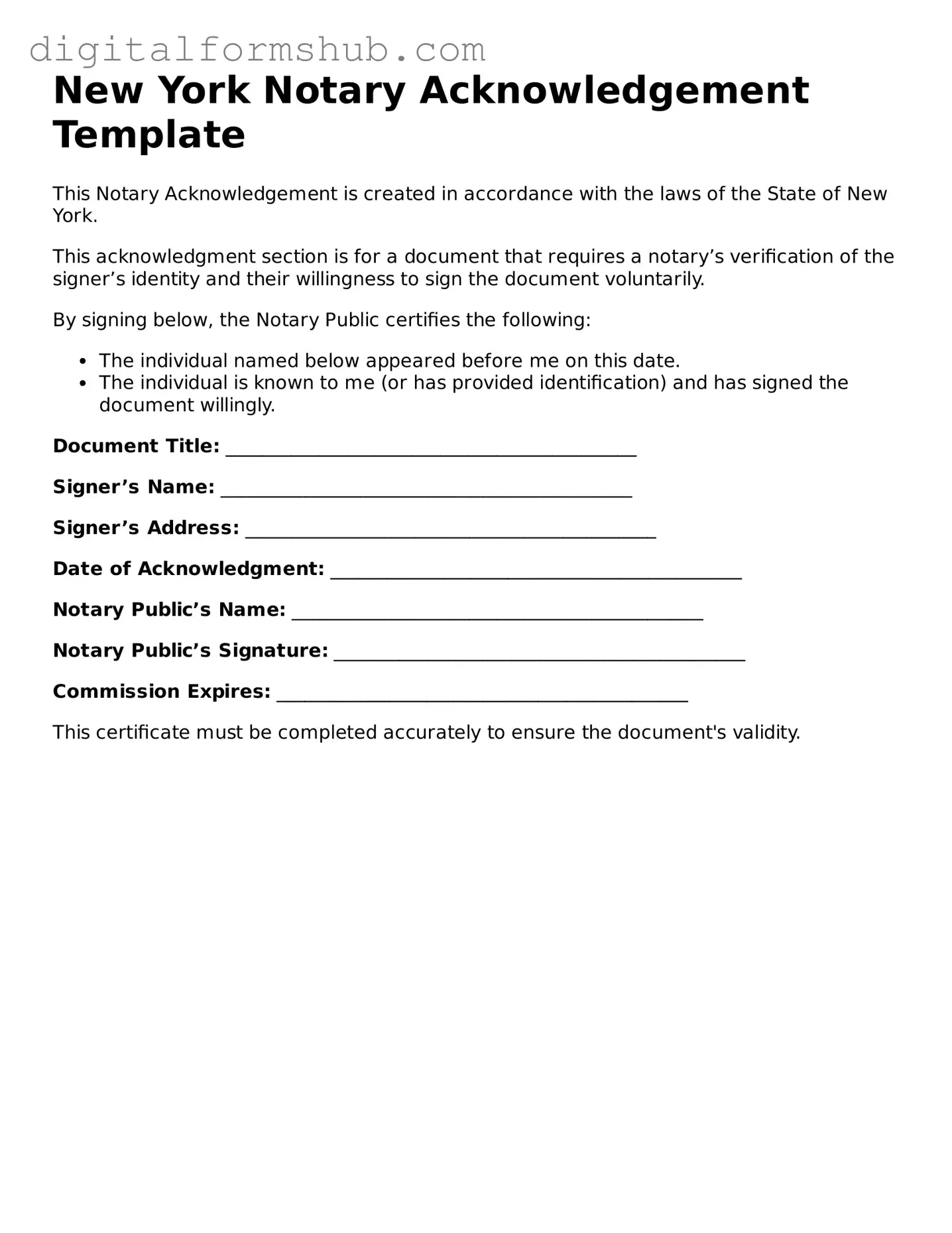 Official Notary Acknowledgement Template for the State of New York