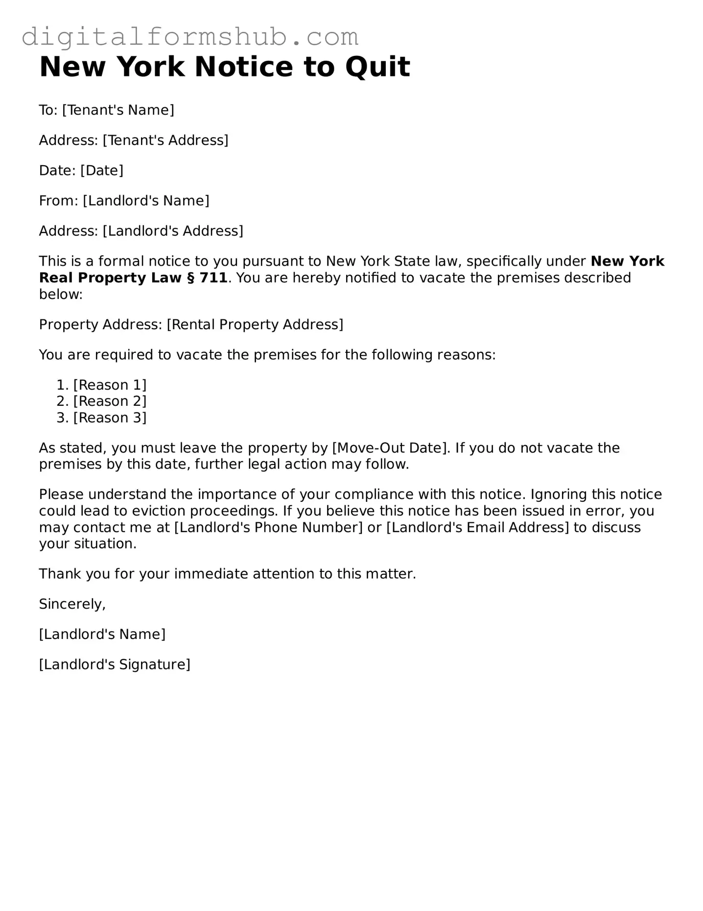 Official Notice to Quit Template for the State of New York
