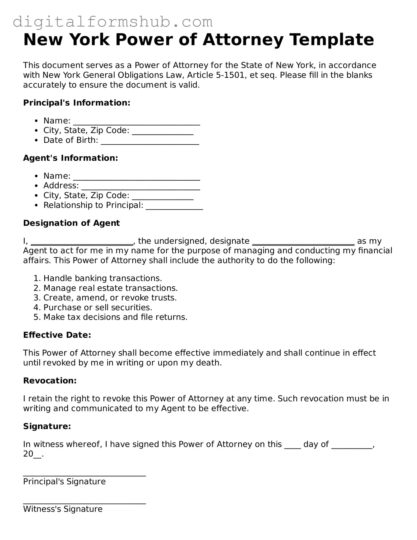 Official Power of Attorney Template for the State of New York