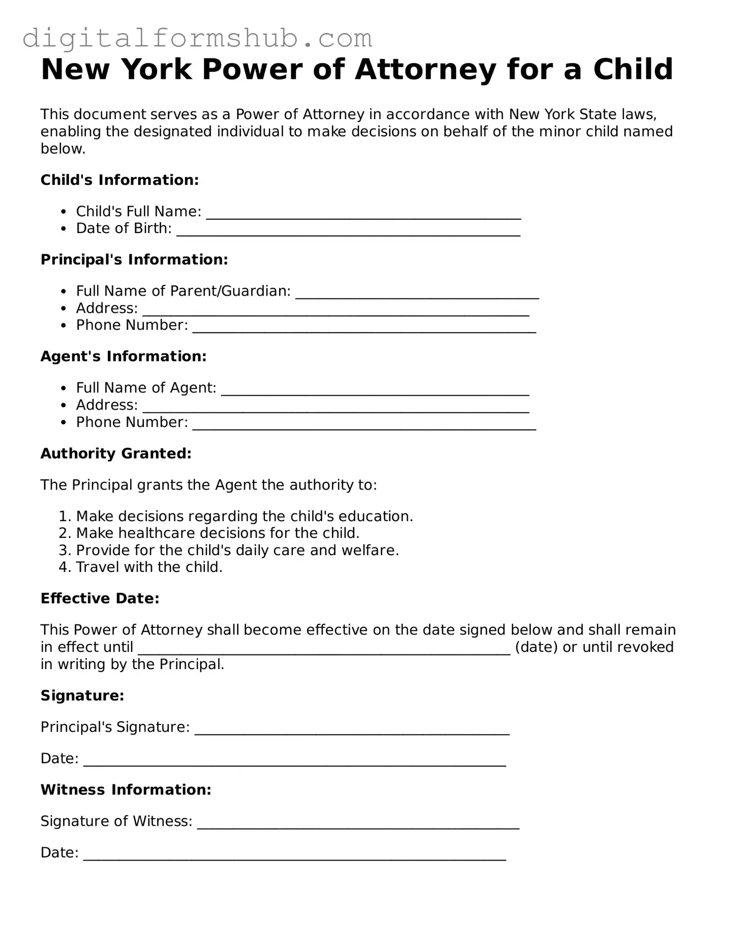 Official Power of Attorney for a Child Template for the State of New York