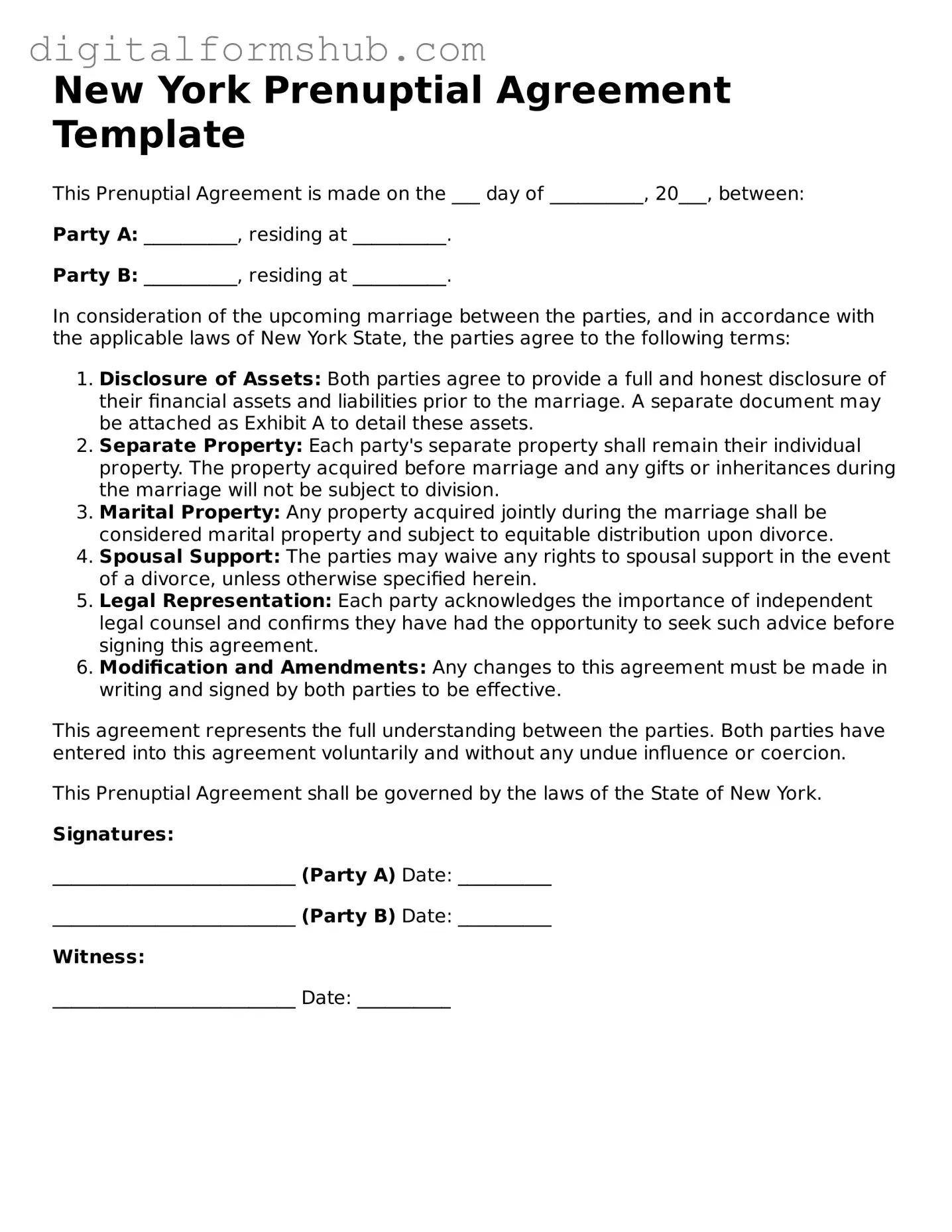Official Prenuptial Agreement Template for the State of New York