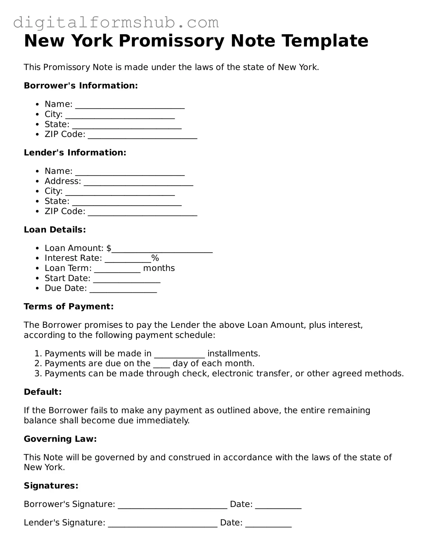 Official Promissory Note Template for the State of New York