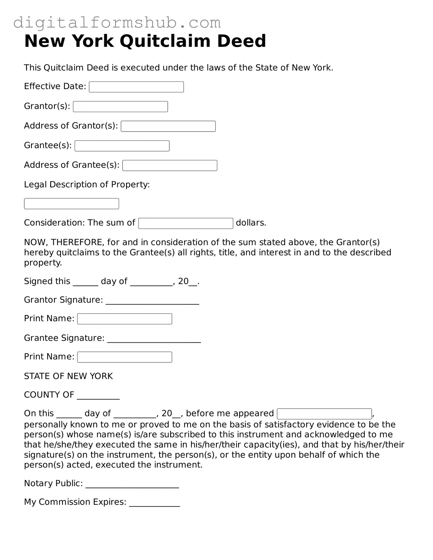 Official Quitclaim Deed Template for the State of New York