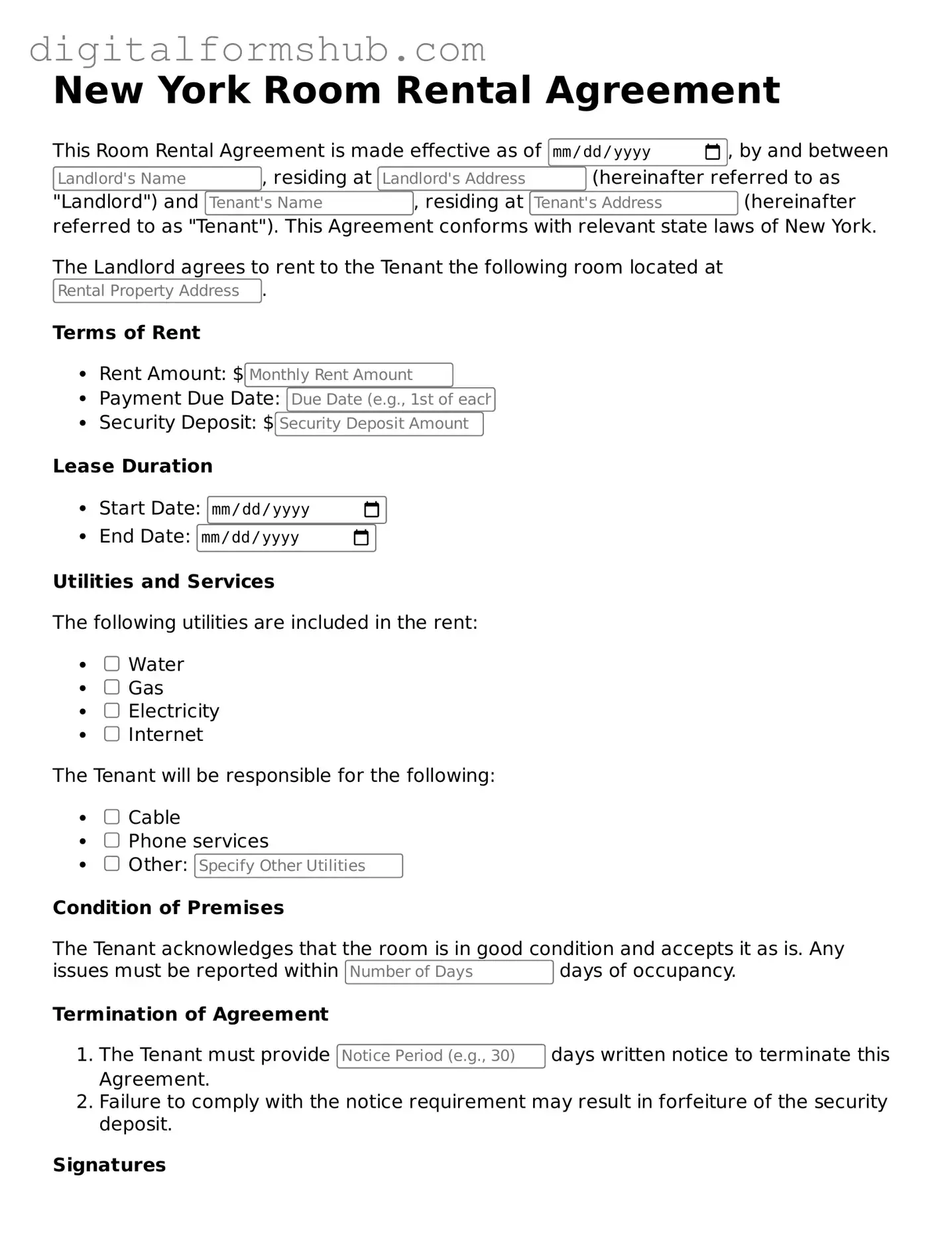 Official Room Rental Agreement Template for the State of New York