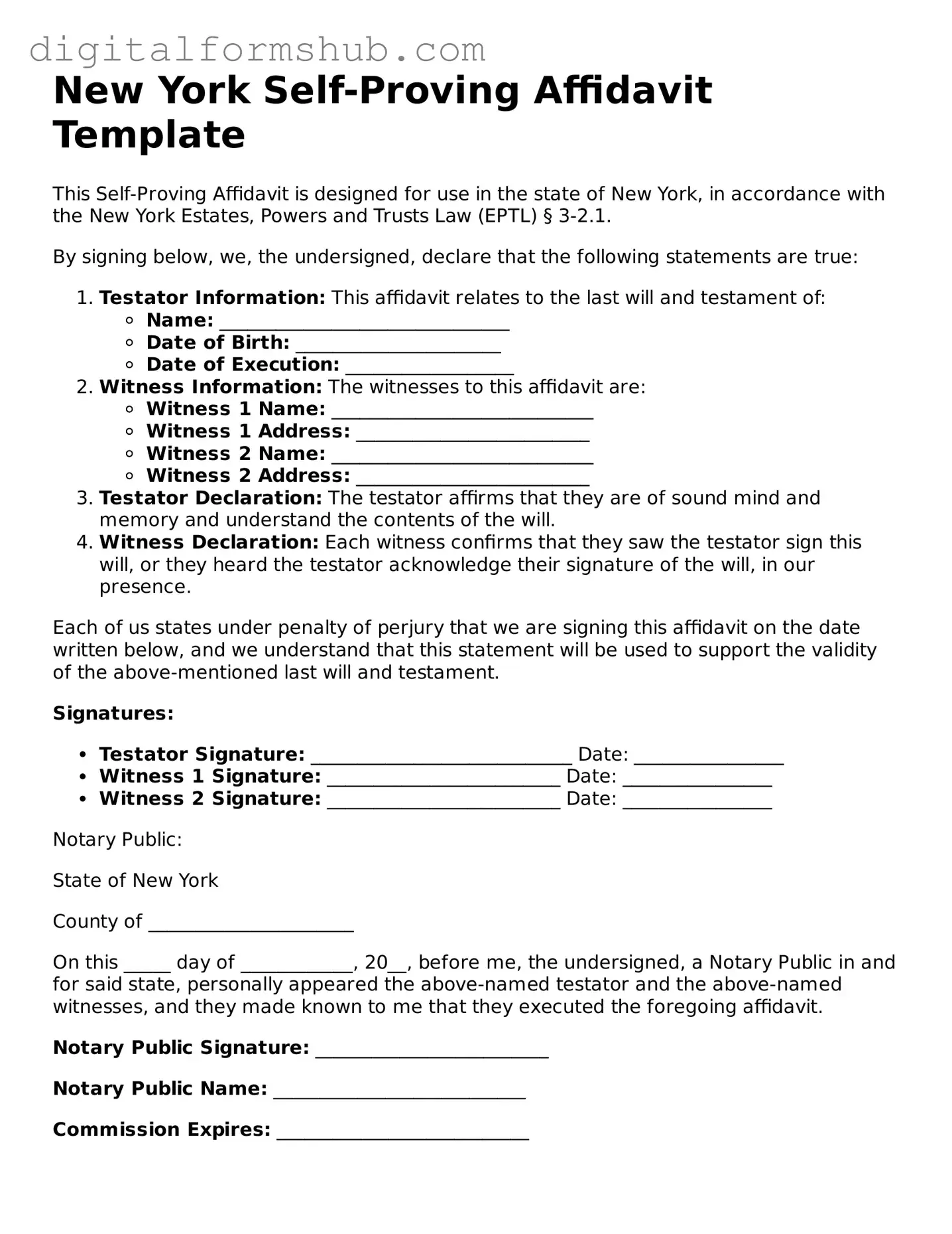 Official Self-Proving Affidavit Template for the State of New York