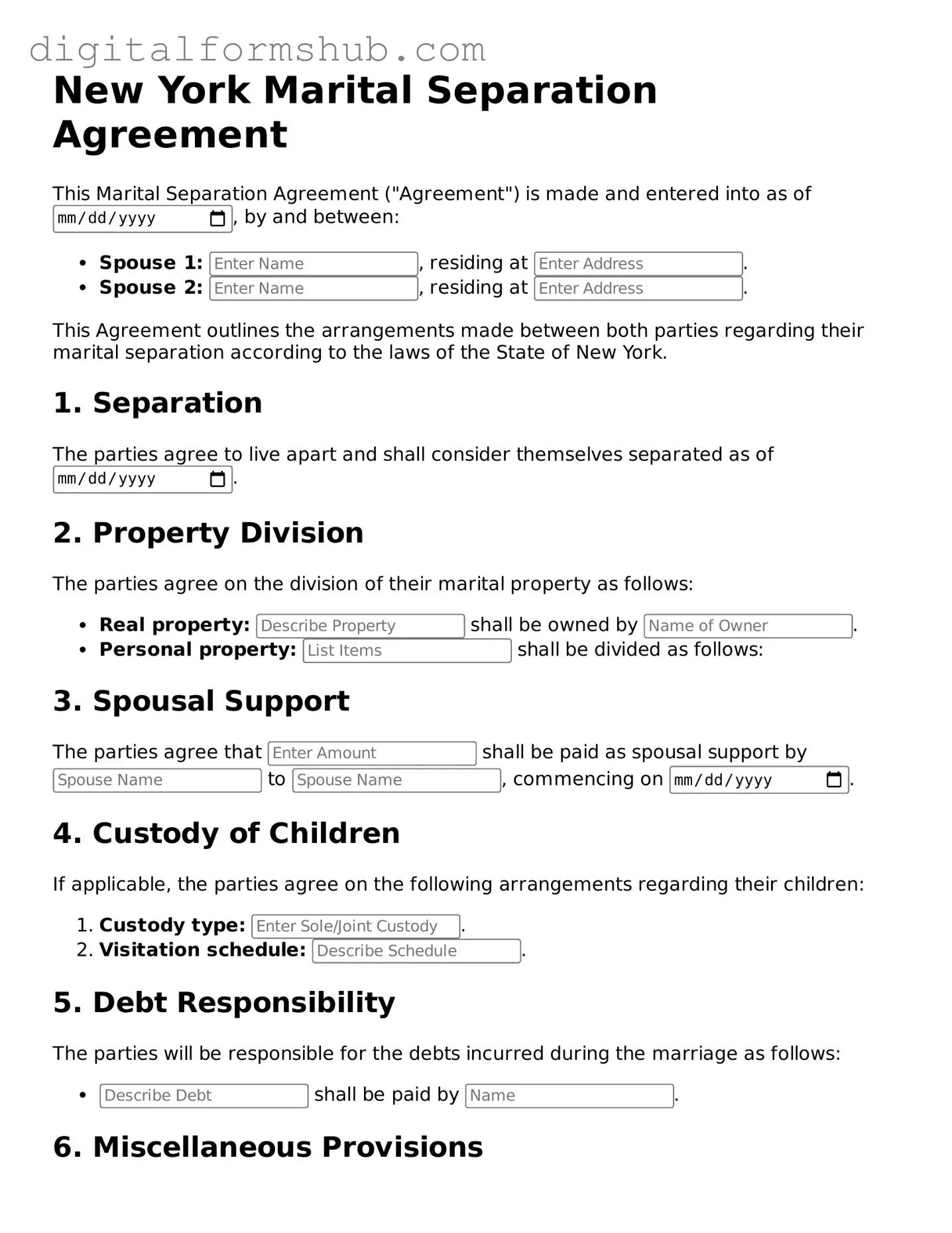 Official Marital Separation Agreement Template for the State of New York