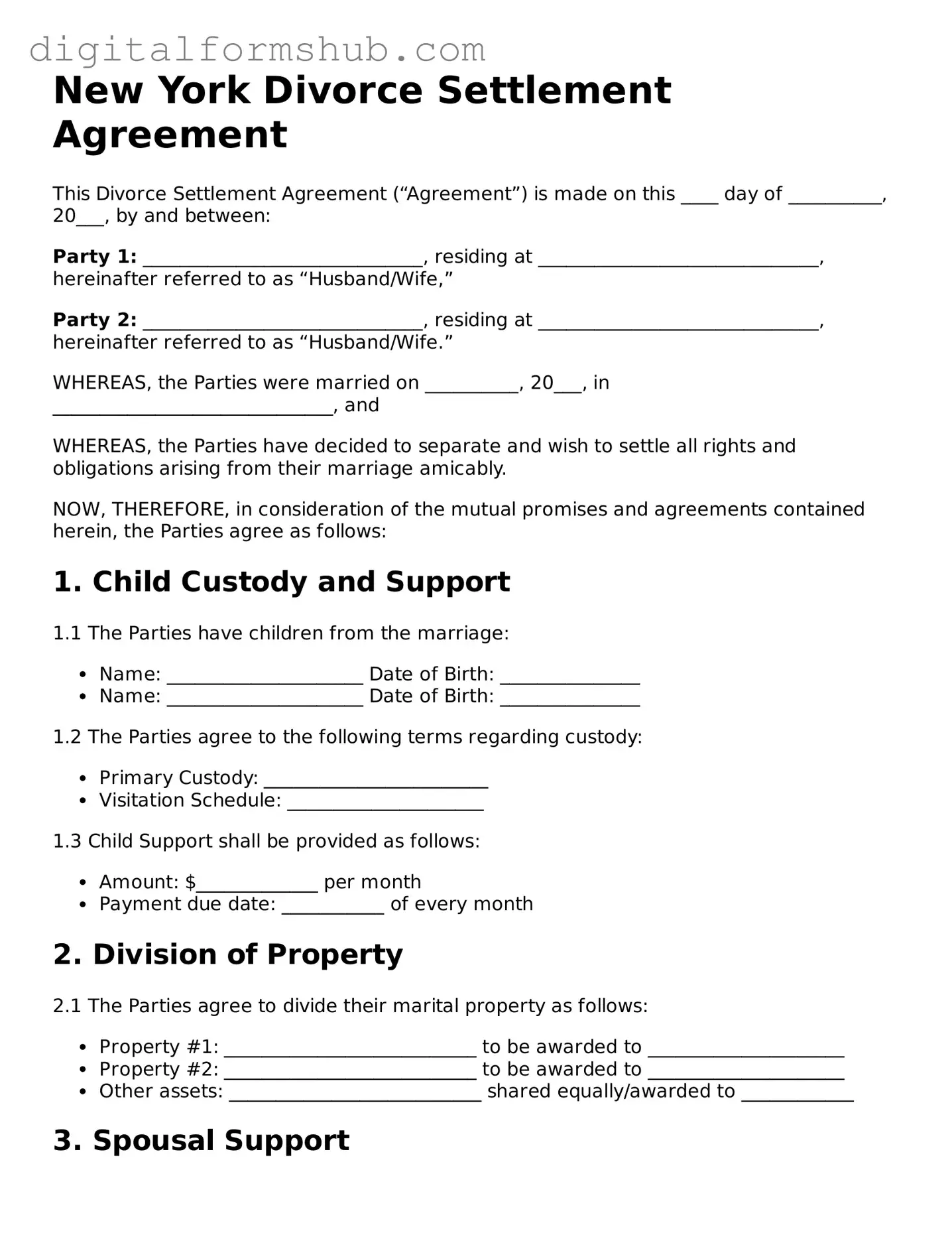 Official Divorce Settlement Agreement Template for the State of New York