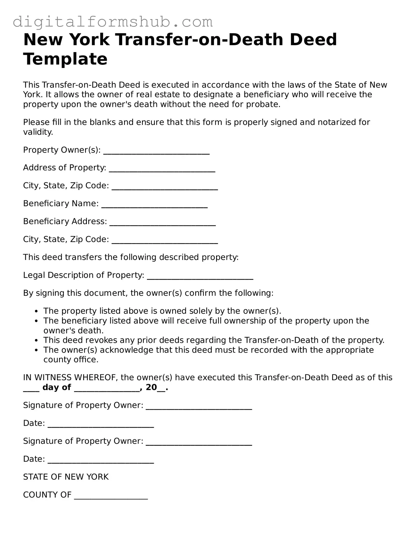 Official Transfer-on-Death Deed Template for the State of New York