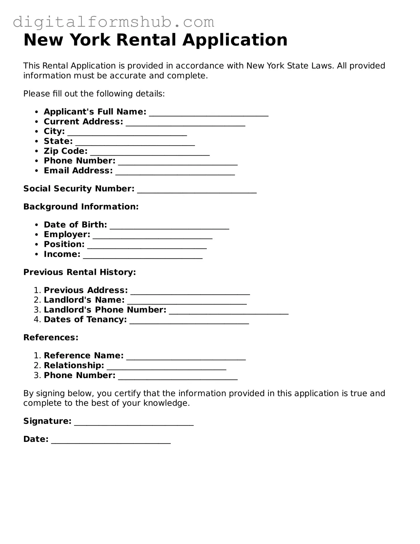 Official Rental Application Template for the State of New York