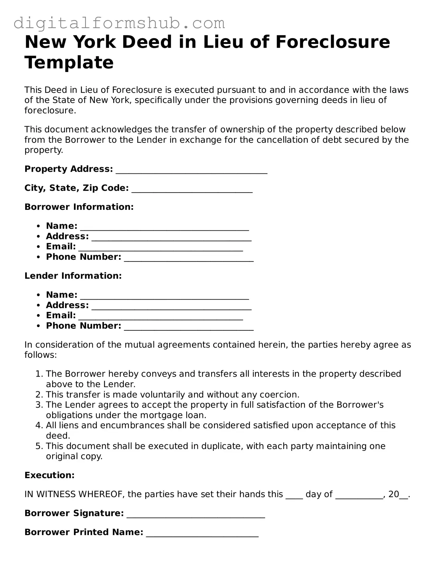 Official Deed in Lieu of Foreclosure Template for the State of New York