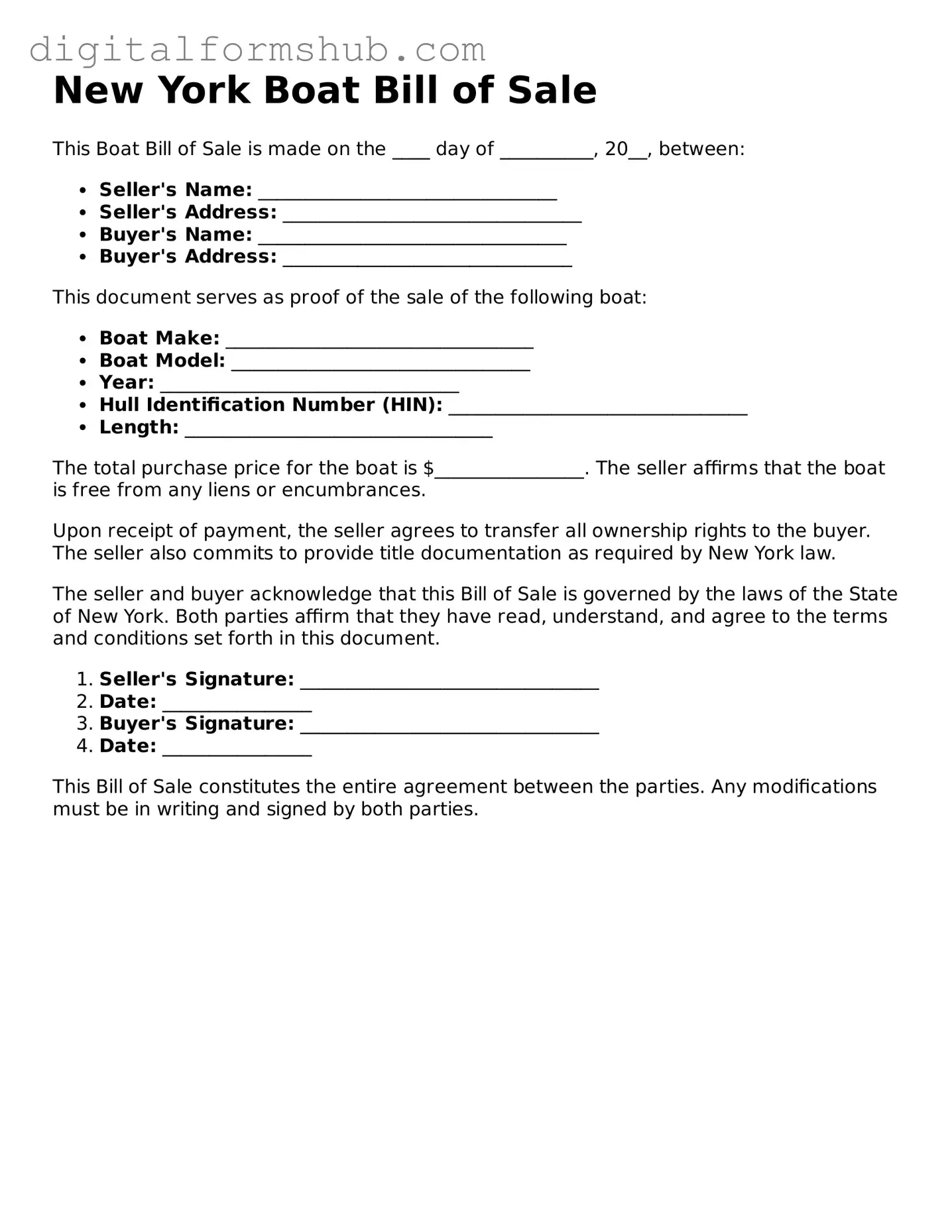 Official Boat Bill of Sale Template for the State of New York