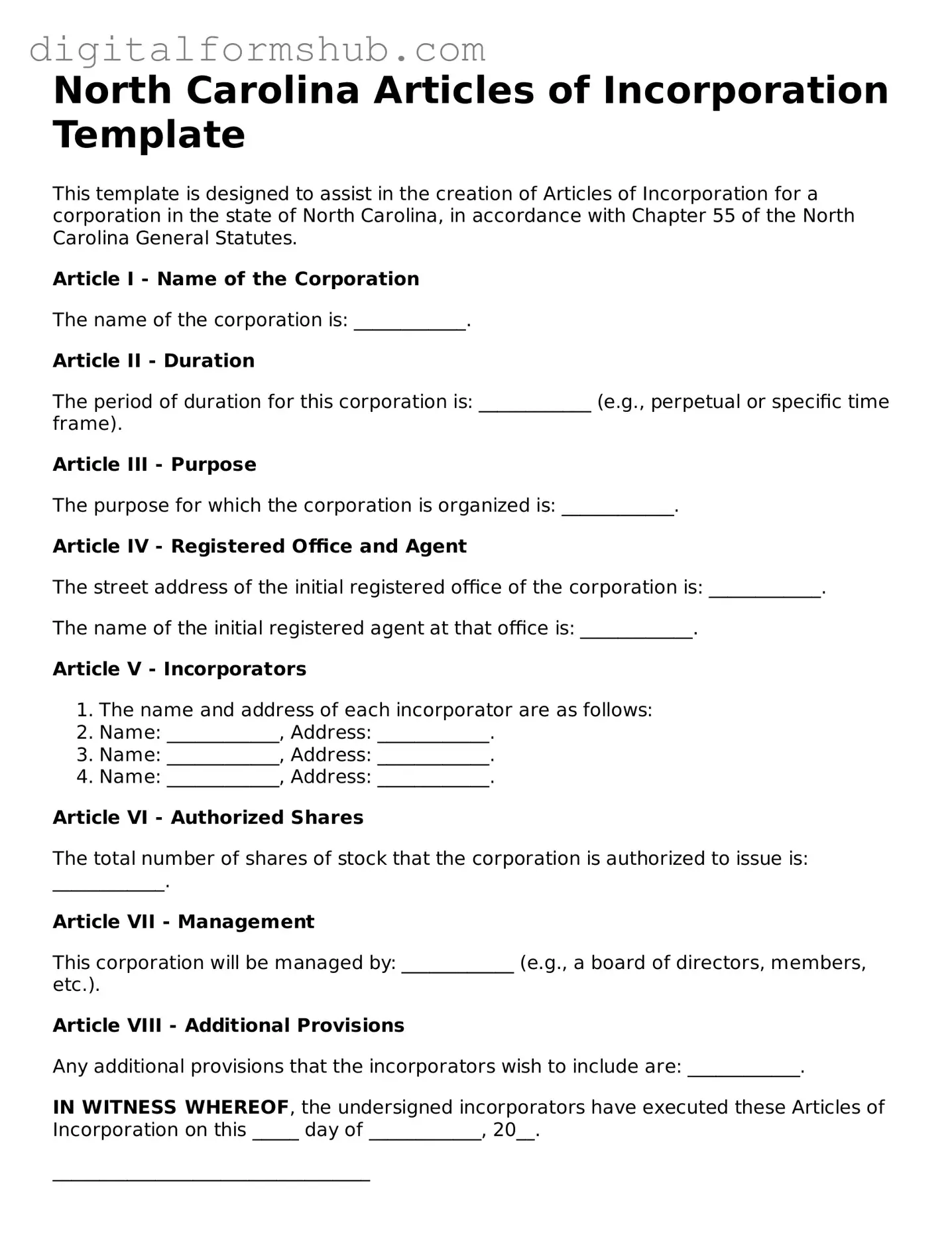 Official Articles of Incorporation Template for the State of North Carolina