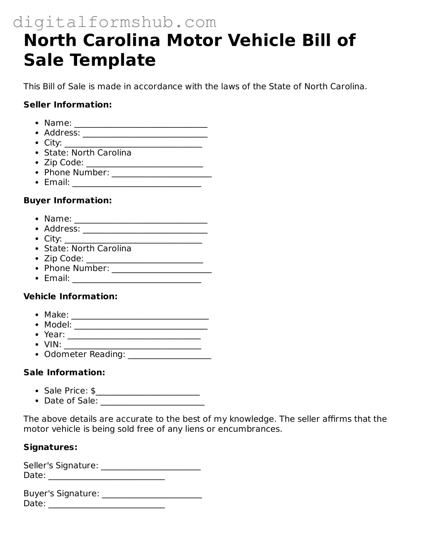 Official Motor Vehicle Bill of Sale Template for the State of North Carolina