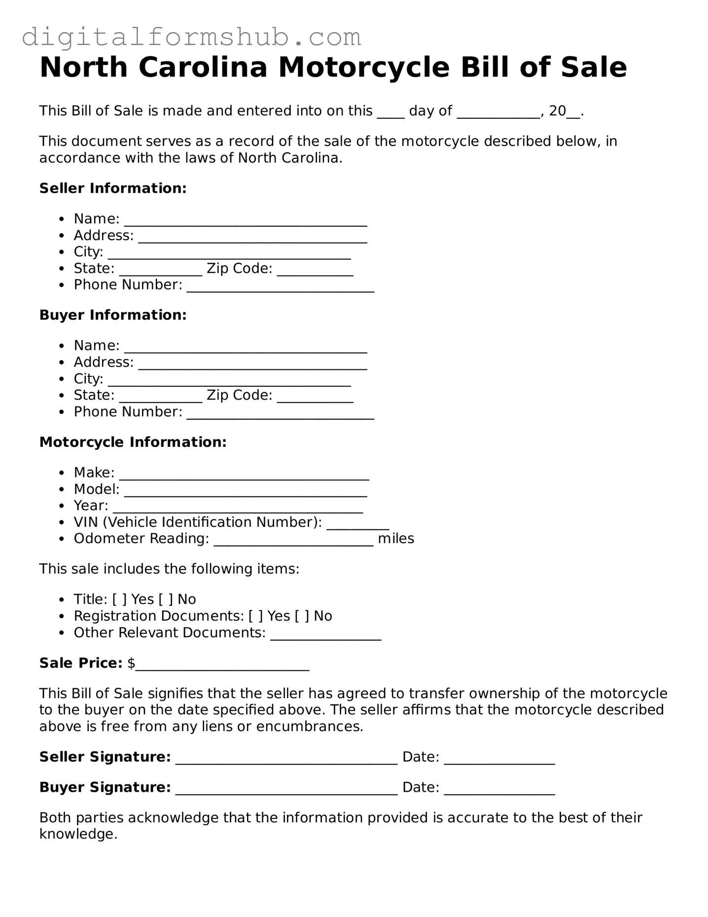 Official Motorcycle Bill of Sale Template for the State of North Carolina