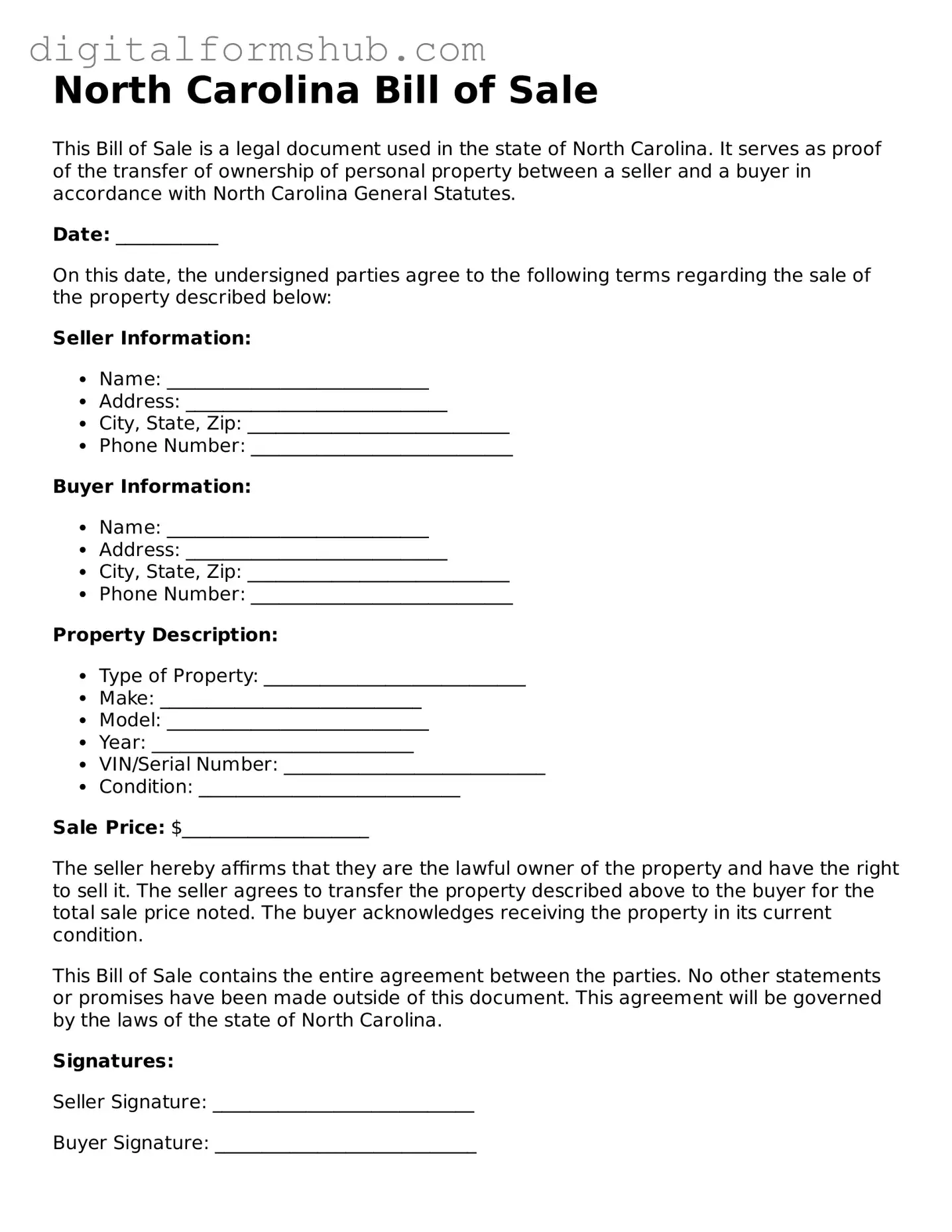 Official Bill of Sale Template for the State of North Carolina