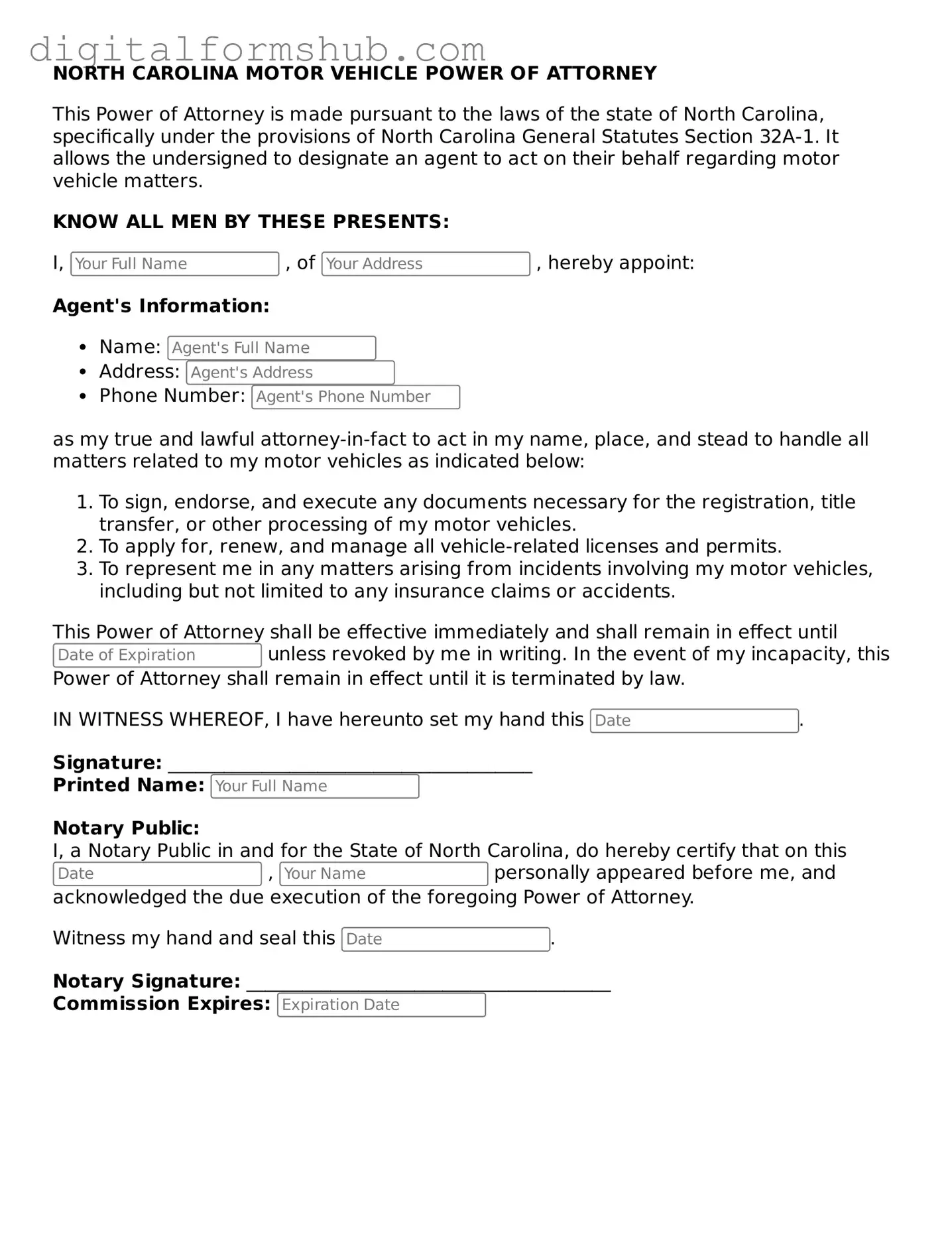 Official Motor Vehicle Power of Attorney Template for the State of North Carolina