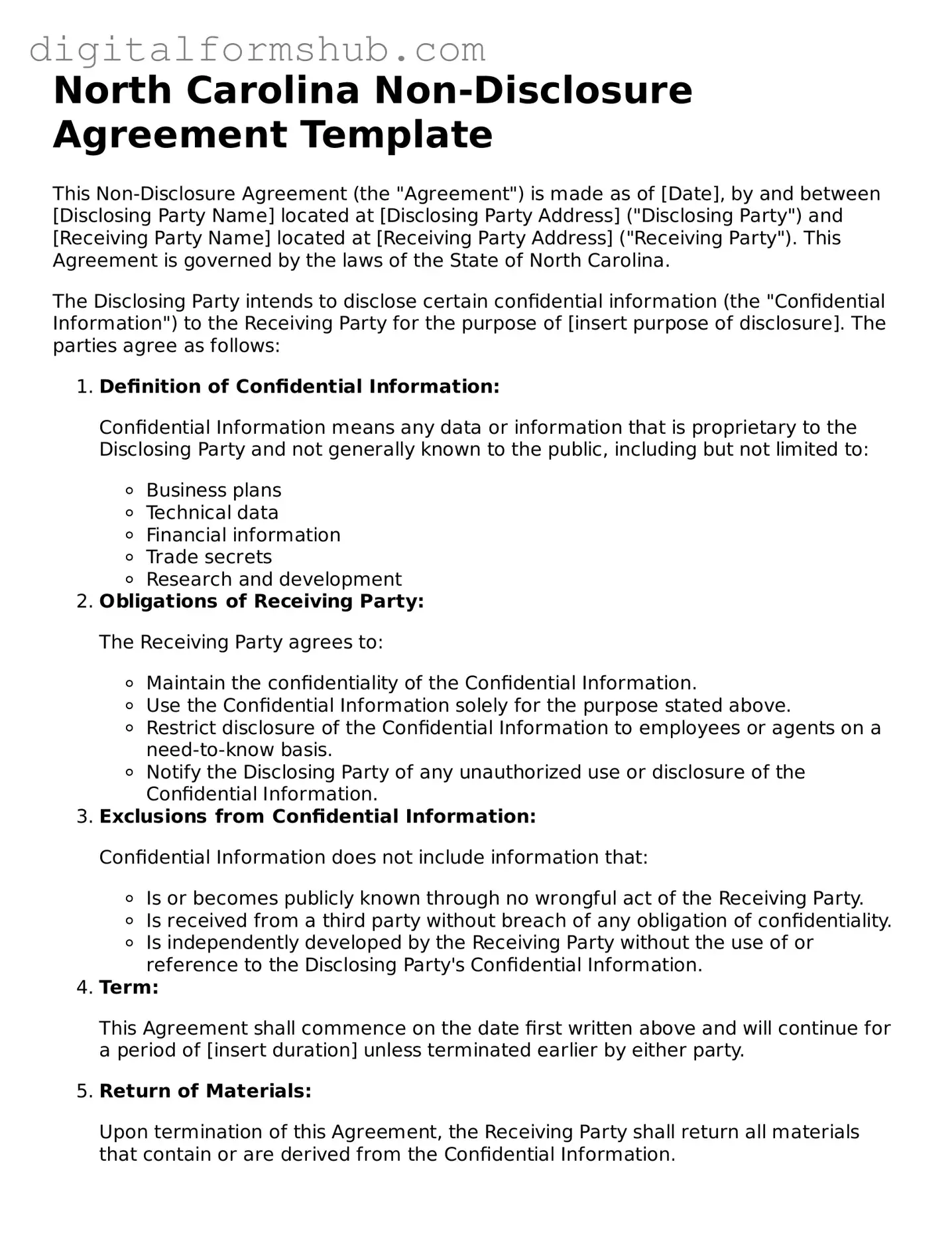 Official Non-disclosure Agreement Template for the State of North Carolina