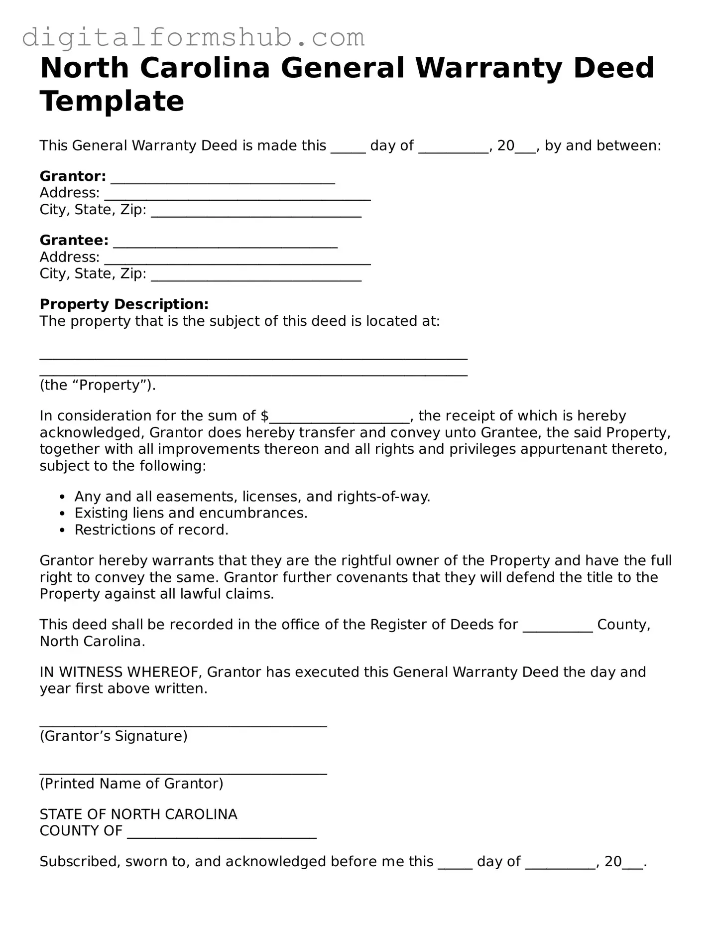 Official Deed Template for the State of North Carolina