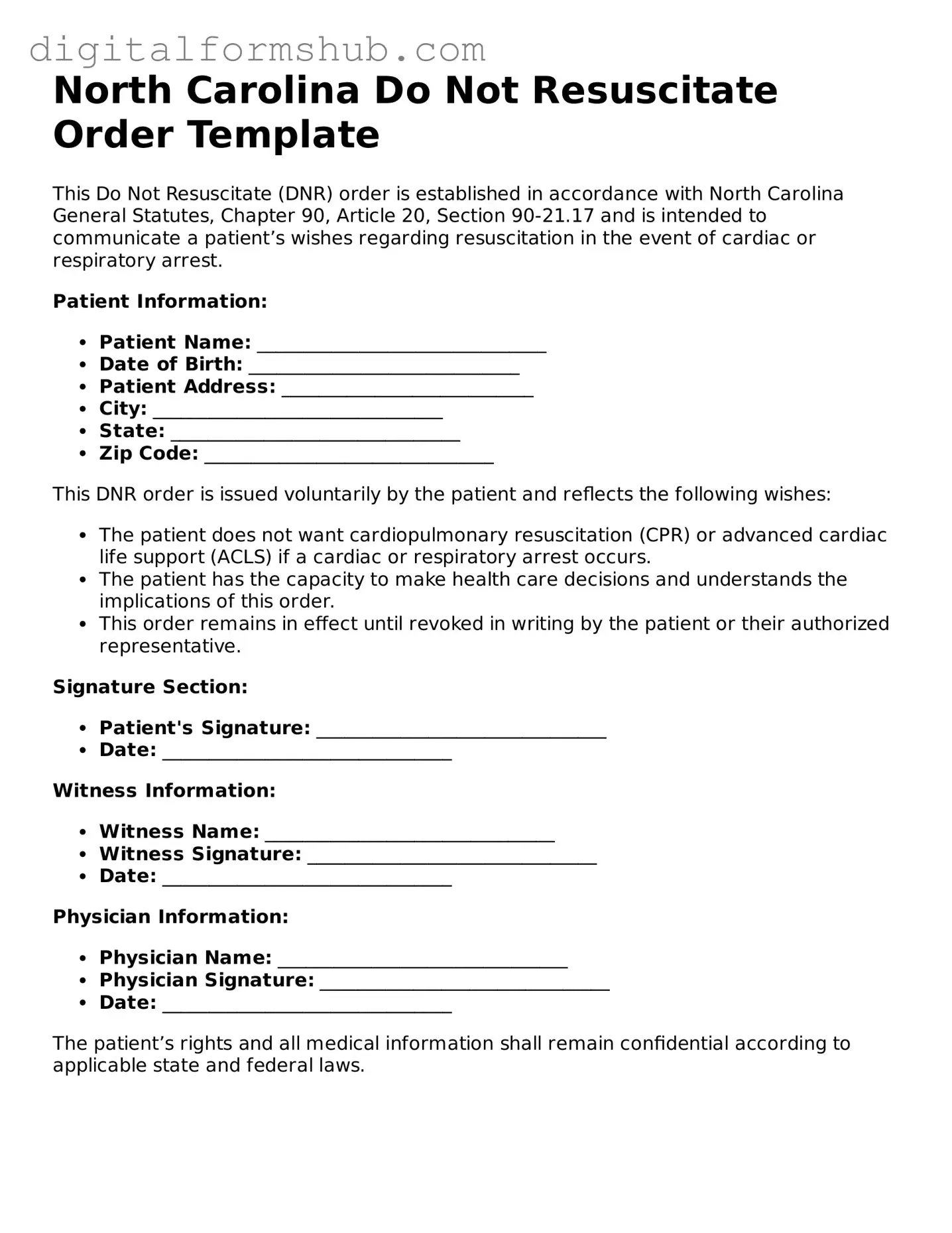 Official Do Not Resuscitate Order Template for the State of North Carolina