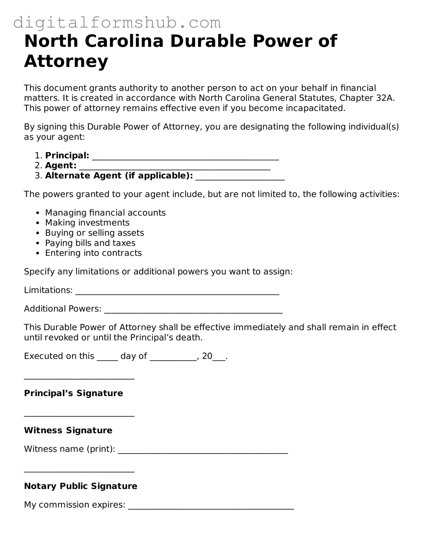 Official Durable Power of Attorney Template for the State of North Carolina