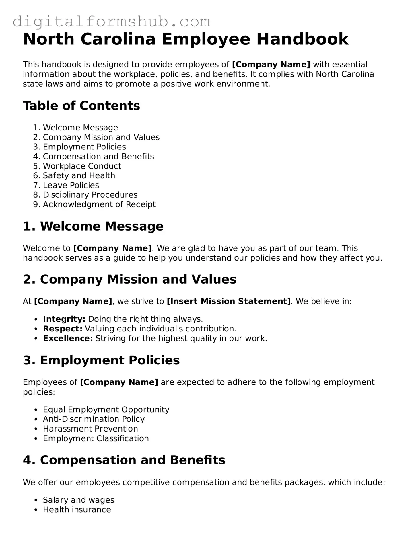 Official Employee Handbook Template for the State of North Carolina