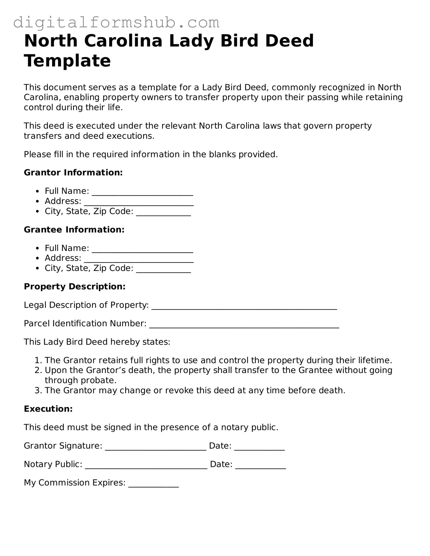 Official Lady Bird Deed Template for the State of North Carolina