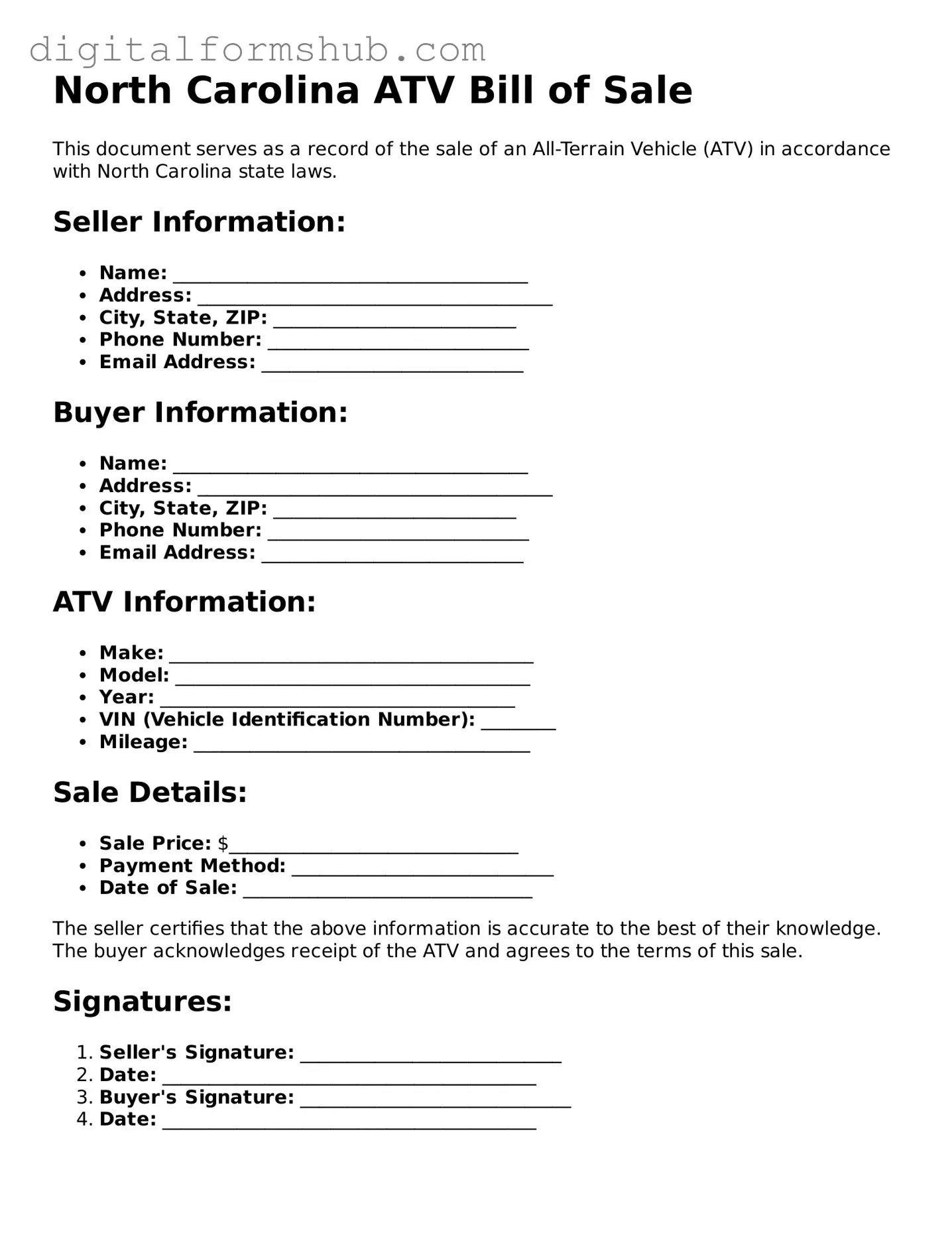 Official ATV Bill of Sale Template for the State of North Carolina