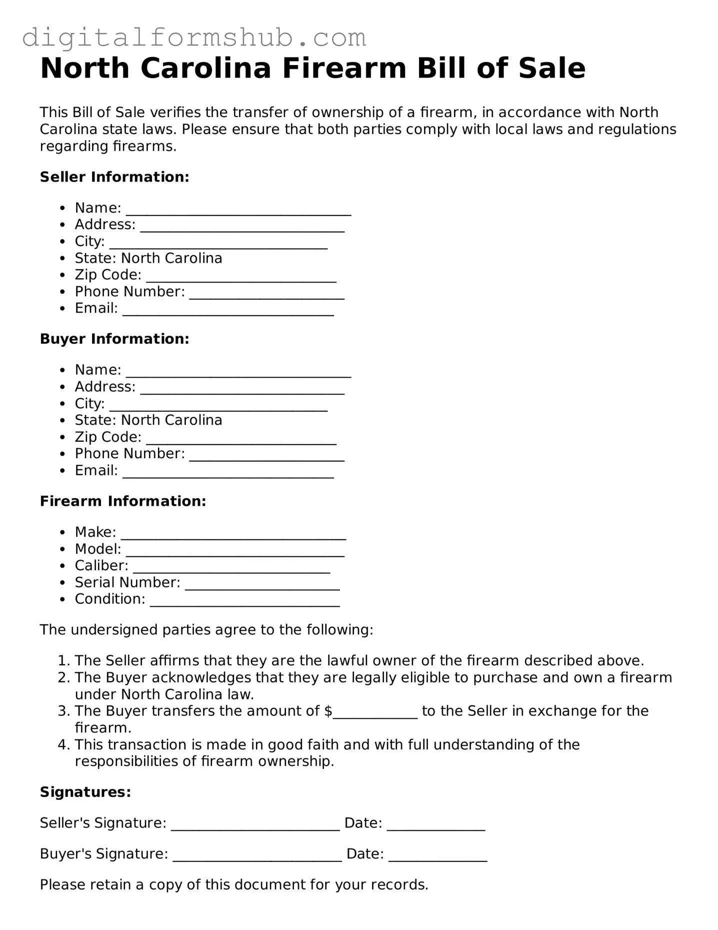 Official Firearm Bill of Sale Template for the State of North Carolina