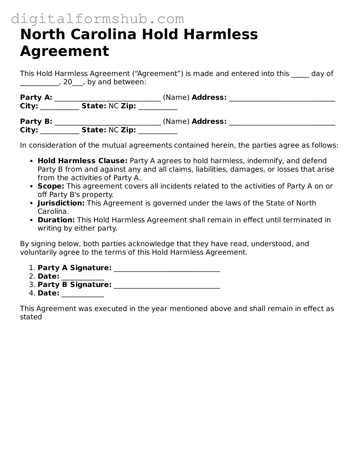 Official Hold Harmless Agreement Template for the State of North Carolina