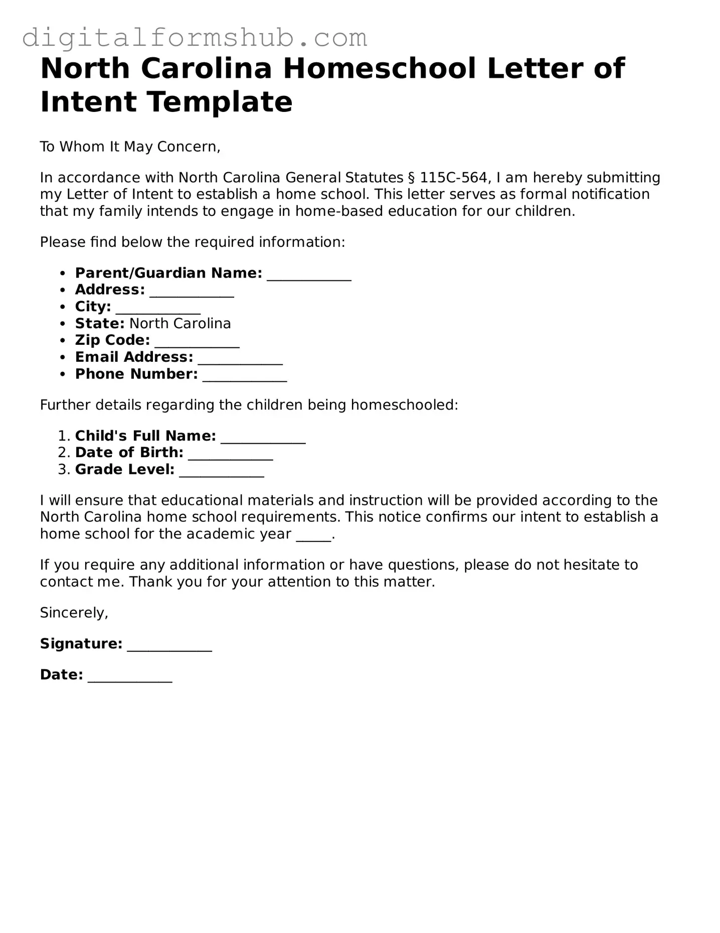Official Homeschool Letter of Intent Template for the State of North Carolina