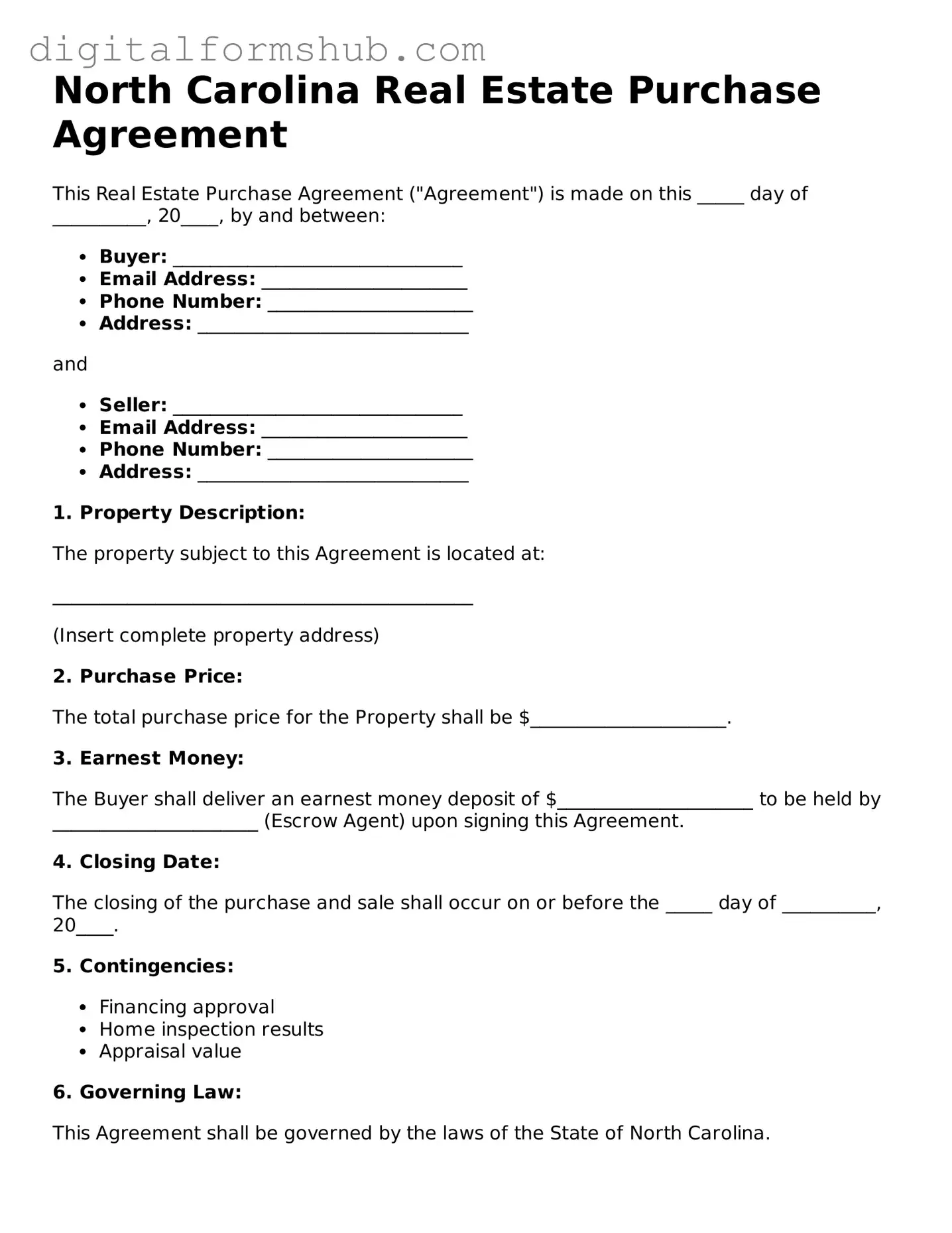 Official Real Estate Purchase Agreement Template for the State of North Carolina
