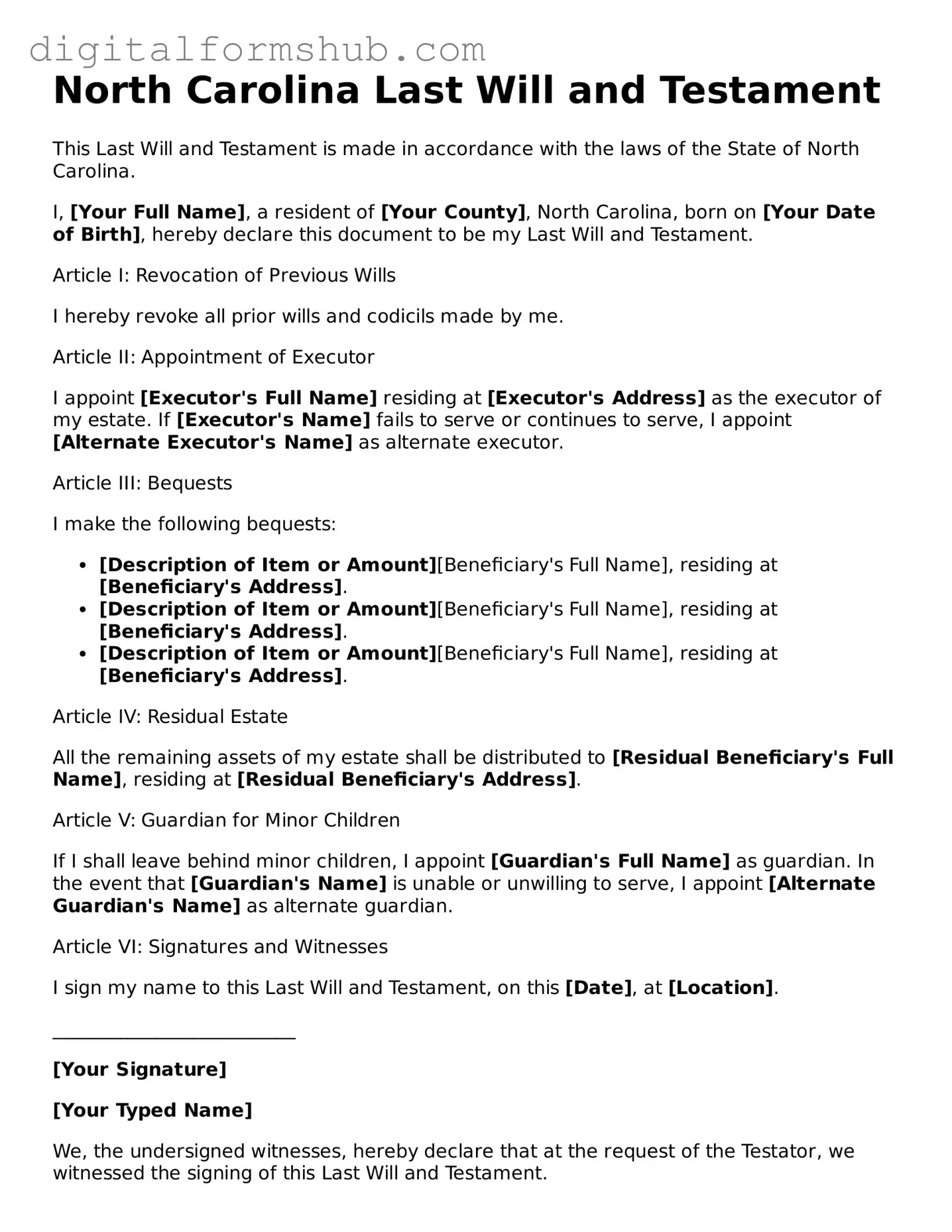 Official Last Will and Testament Template for the State of North Carolina