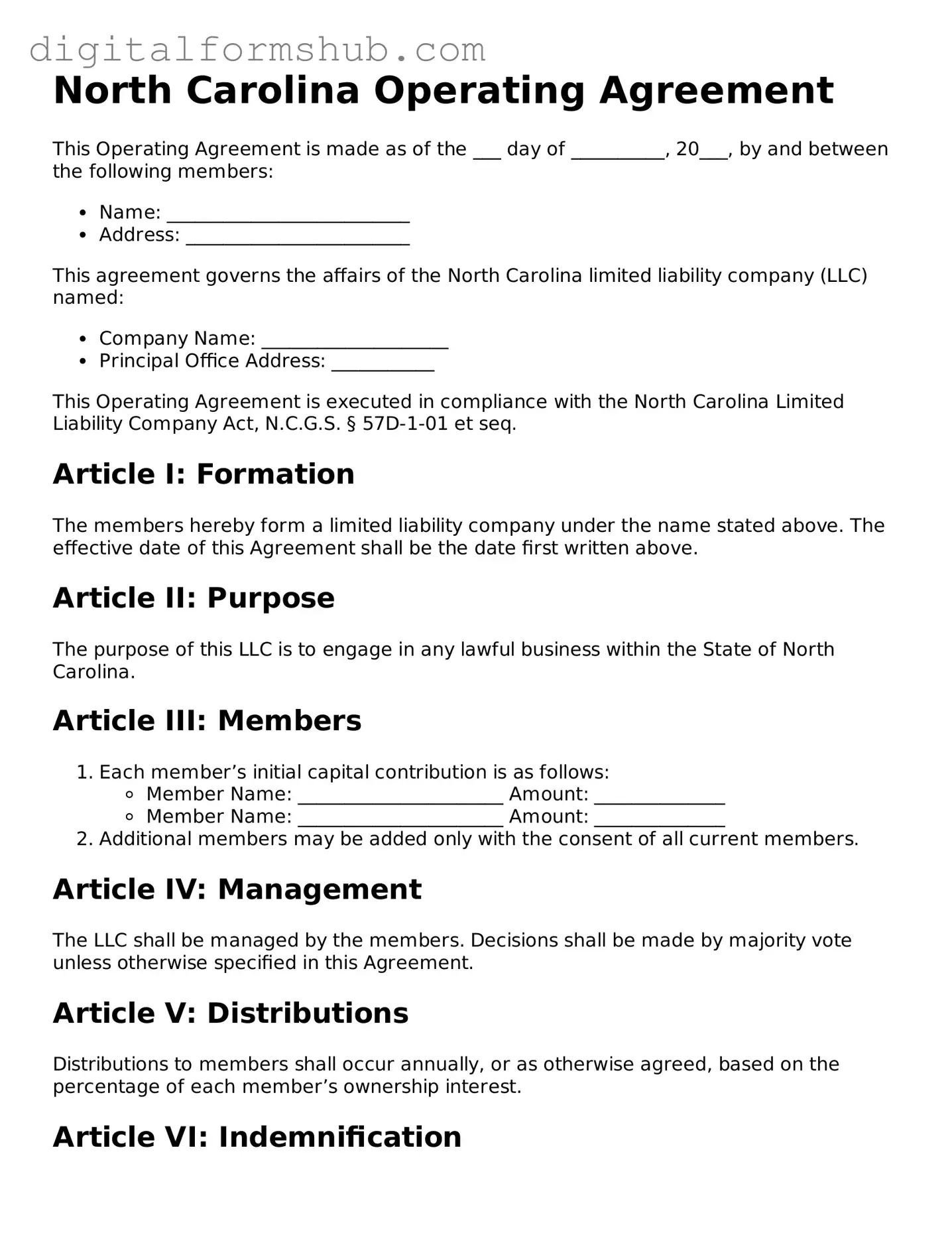 Official Operating Agreement Template for the State of North Carolina