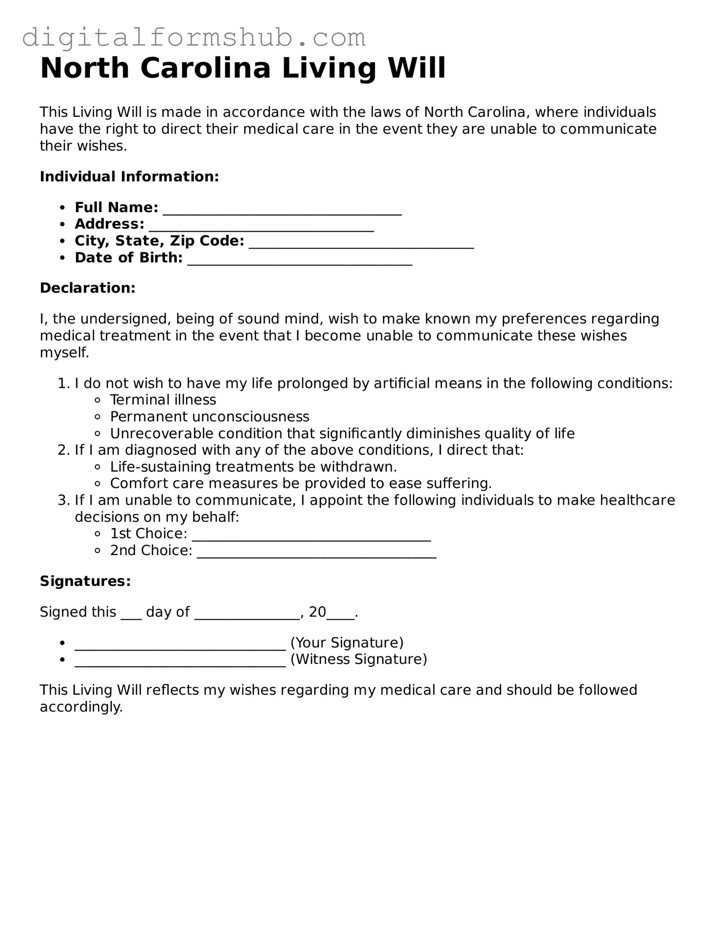 Official Living Will Template for the State of North Carolina