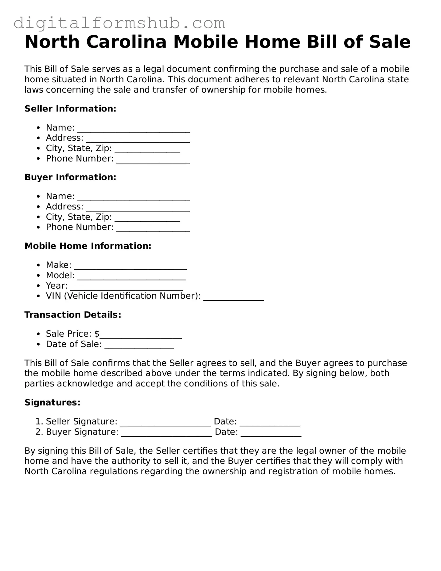 Official Mobile Home Bill of Sale Template for the State of North Carolina