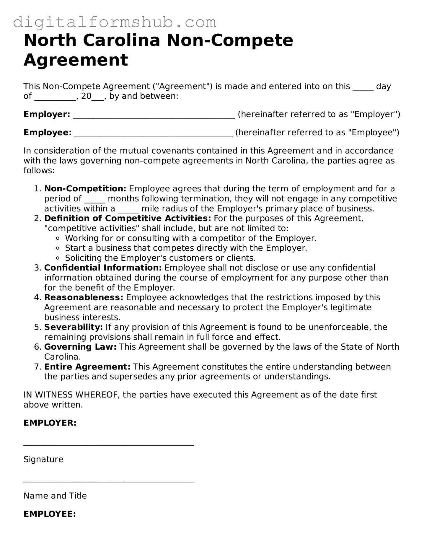 Official Non-compete Agreement Template for the State of North Carolina