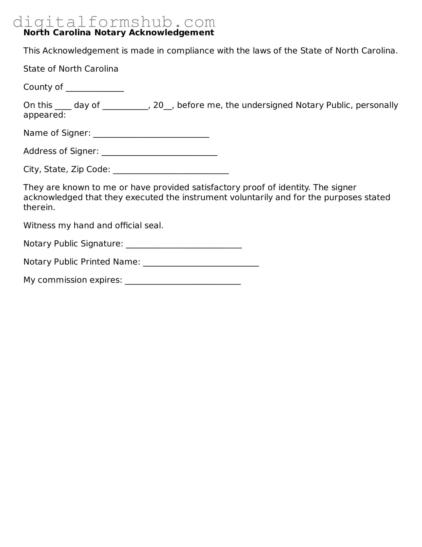 Official Notary Acknowledgement Template for the State of North Carolina