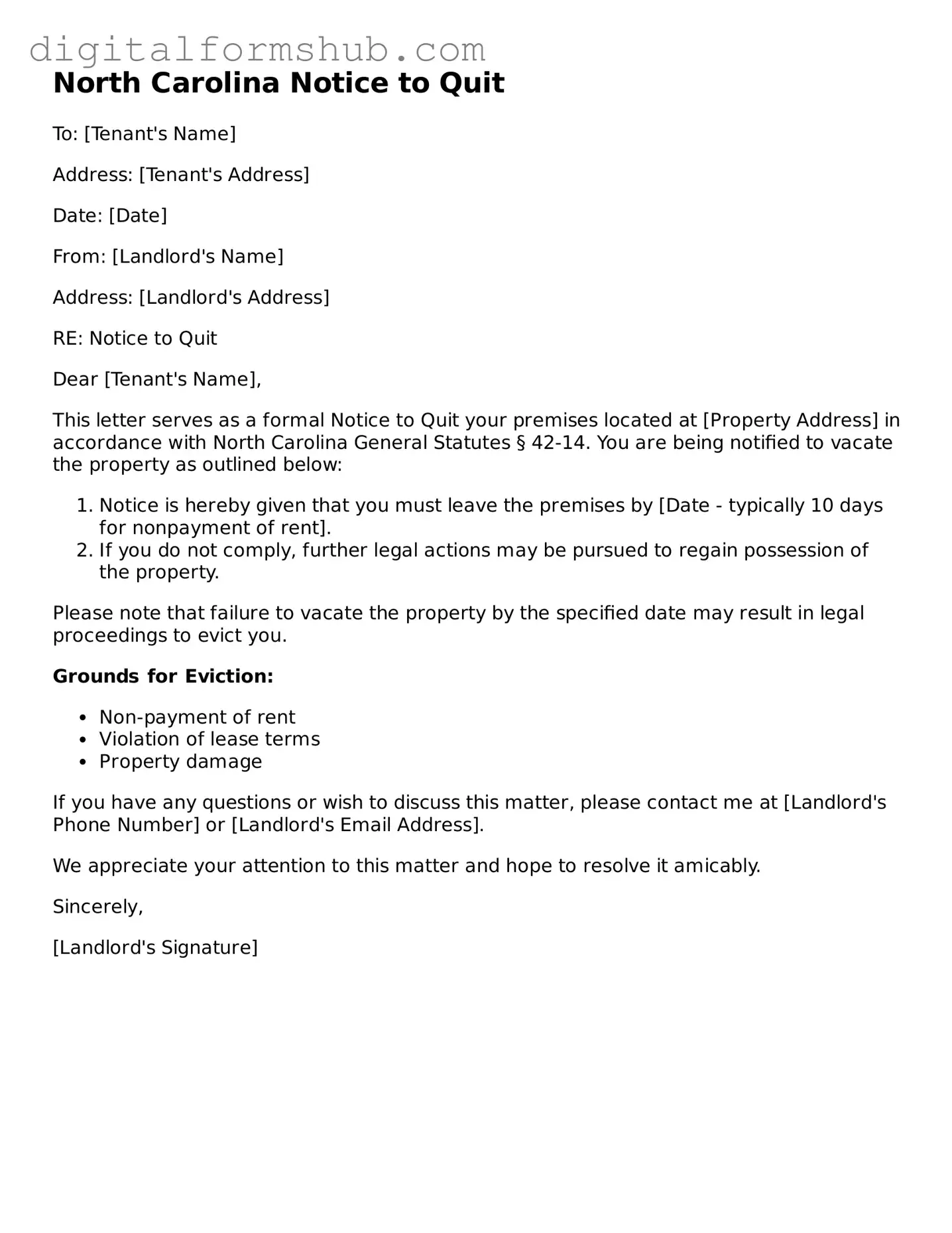 Official Notice to Quit Template for the State of North Carolina