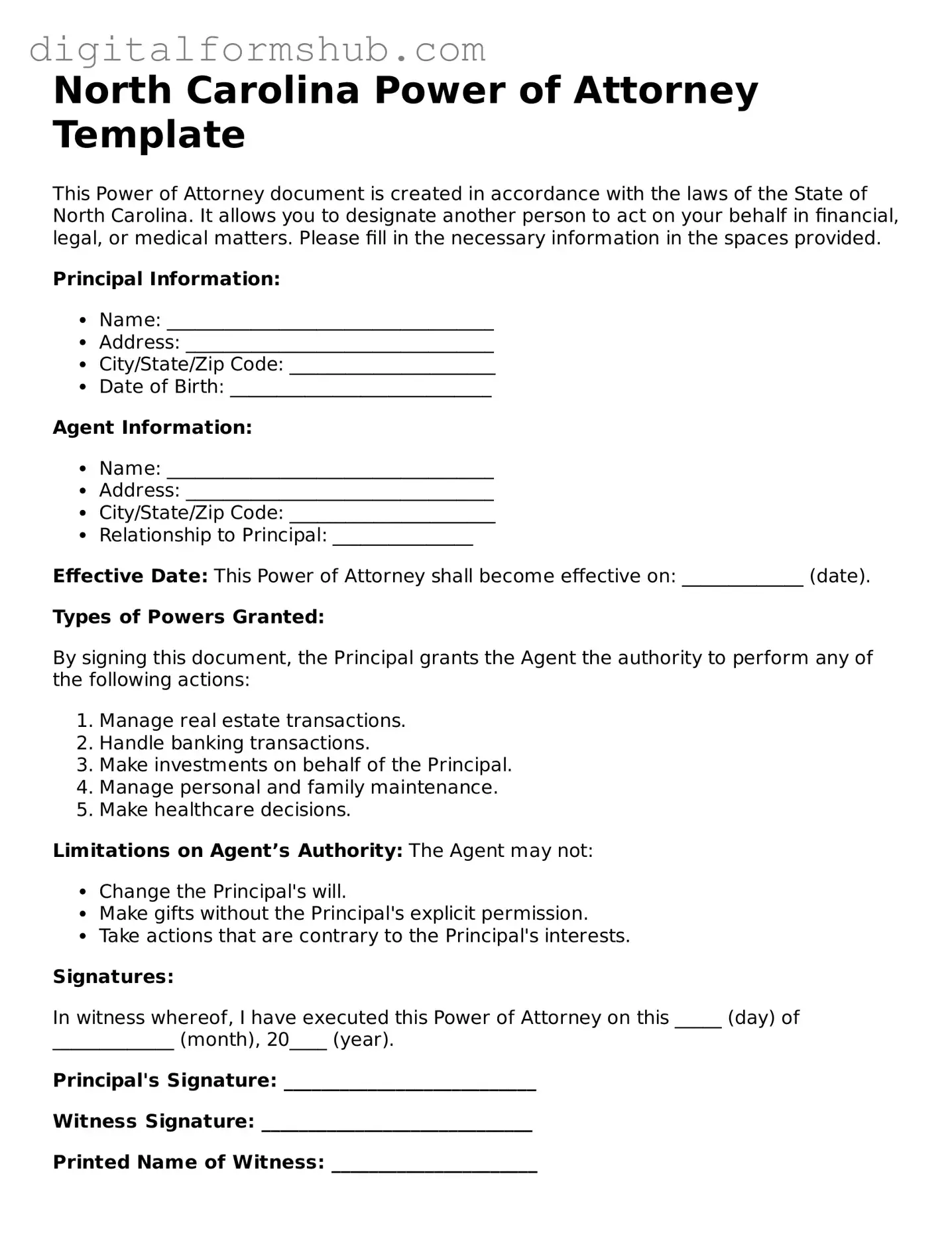Official Power of Attorney Template for the State of North Carolina