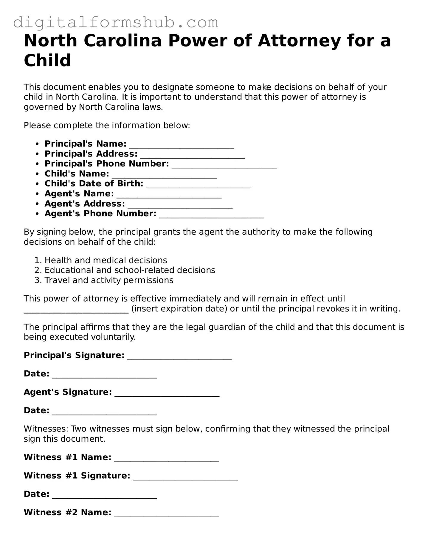 Official Power of Attorney for a Child Template for the State of North Carolina