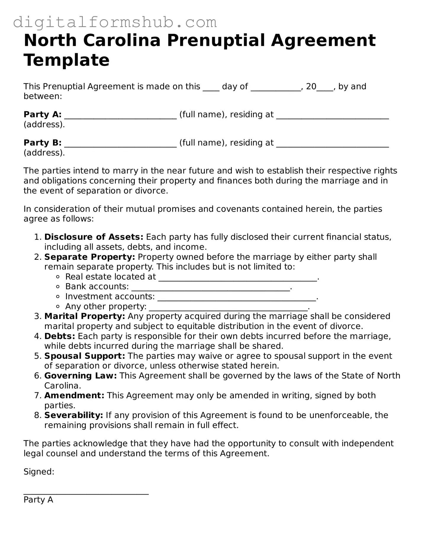 Official Prenuptial Agreement Template for the State of North Carolina