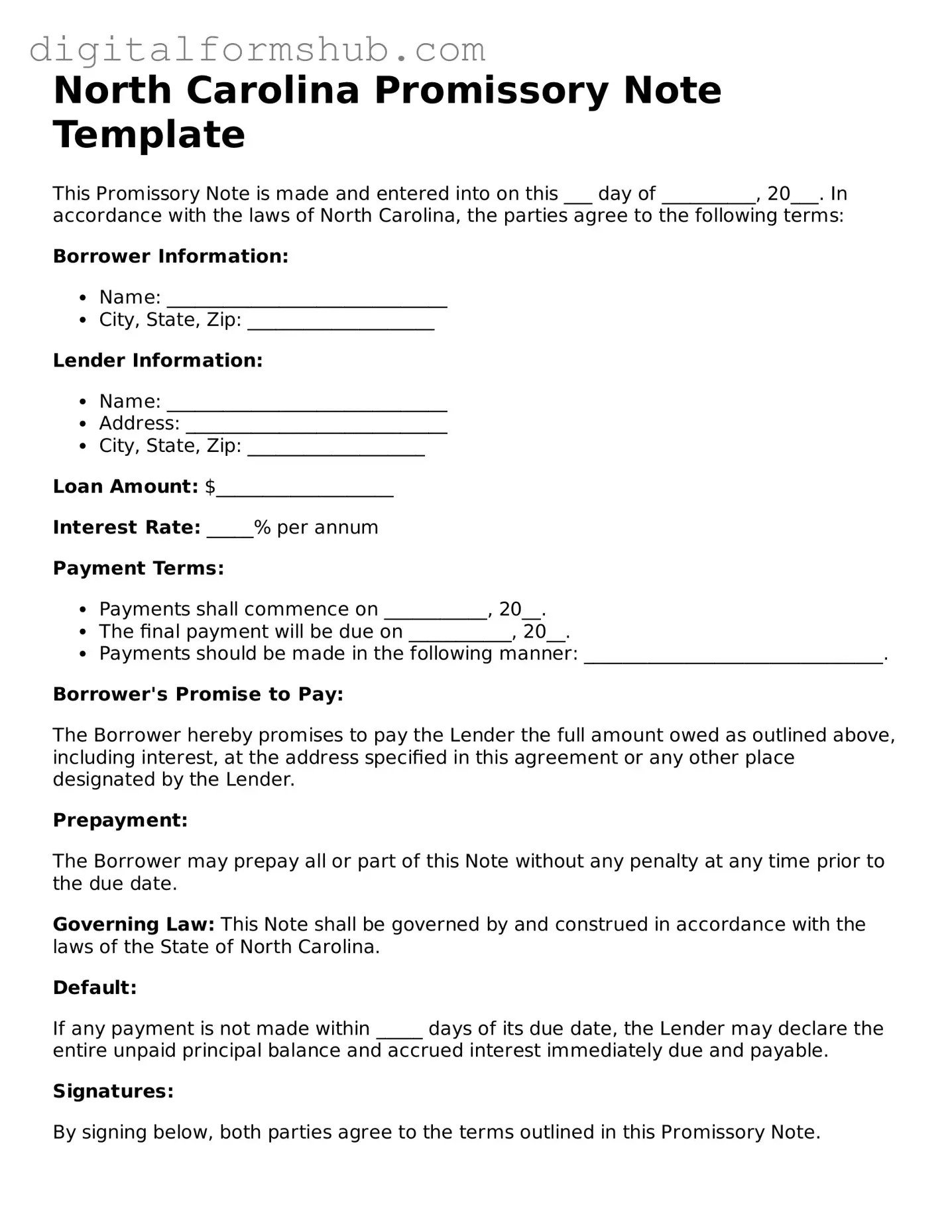 Official Promissory Note Template for the State of North Carolina