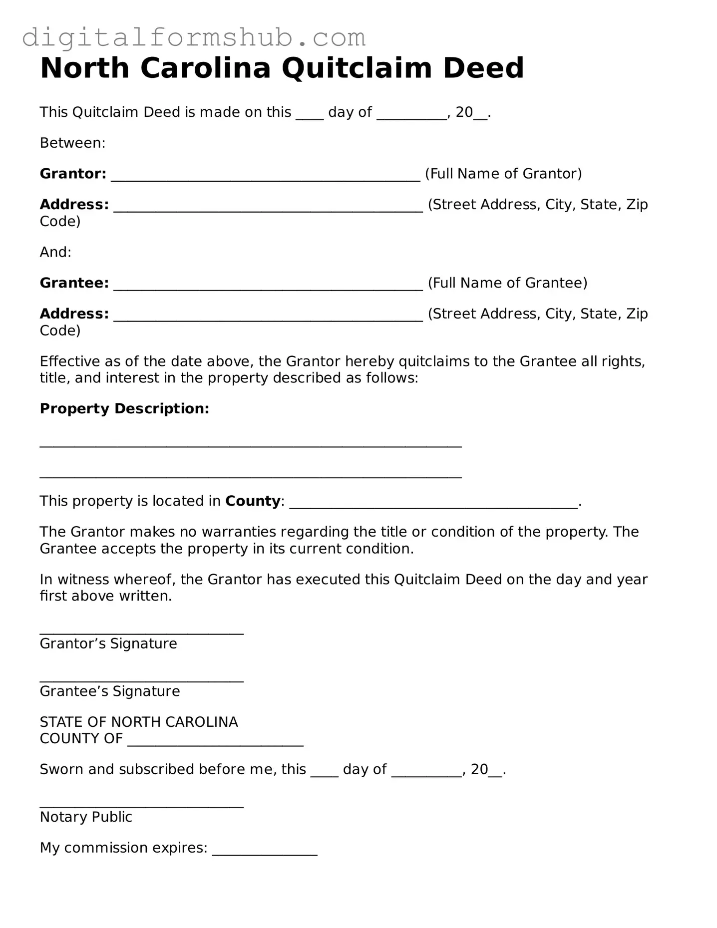 Official Quitclaim Deed Template for the State of North Carolina